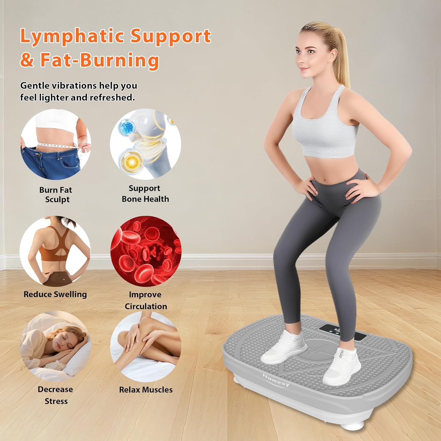Homesy Vibration Plate Exercise Machine, Vibrating Plate for Lymphatic Drainage, Full Body Shaking Workout Fitness Platform Board, Sport Gym Equipment for Weight Loss Fat Burner
