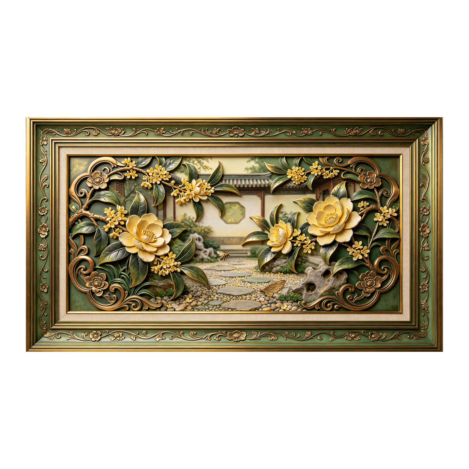 Murasolite 3D Framed Wall Art Chinese Courtyard Floral Relief Effect SelfAdhesive Fabric Mural Wall Decor， Peel and Stick No Damage to Wall， AntiFall Safe Design for Bedroom Living Room