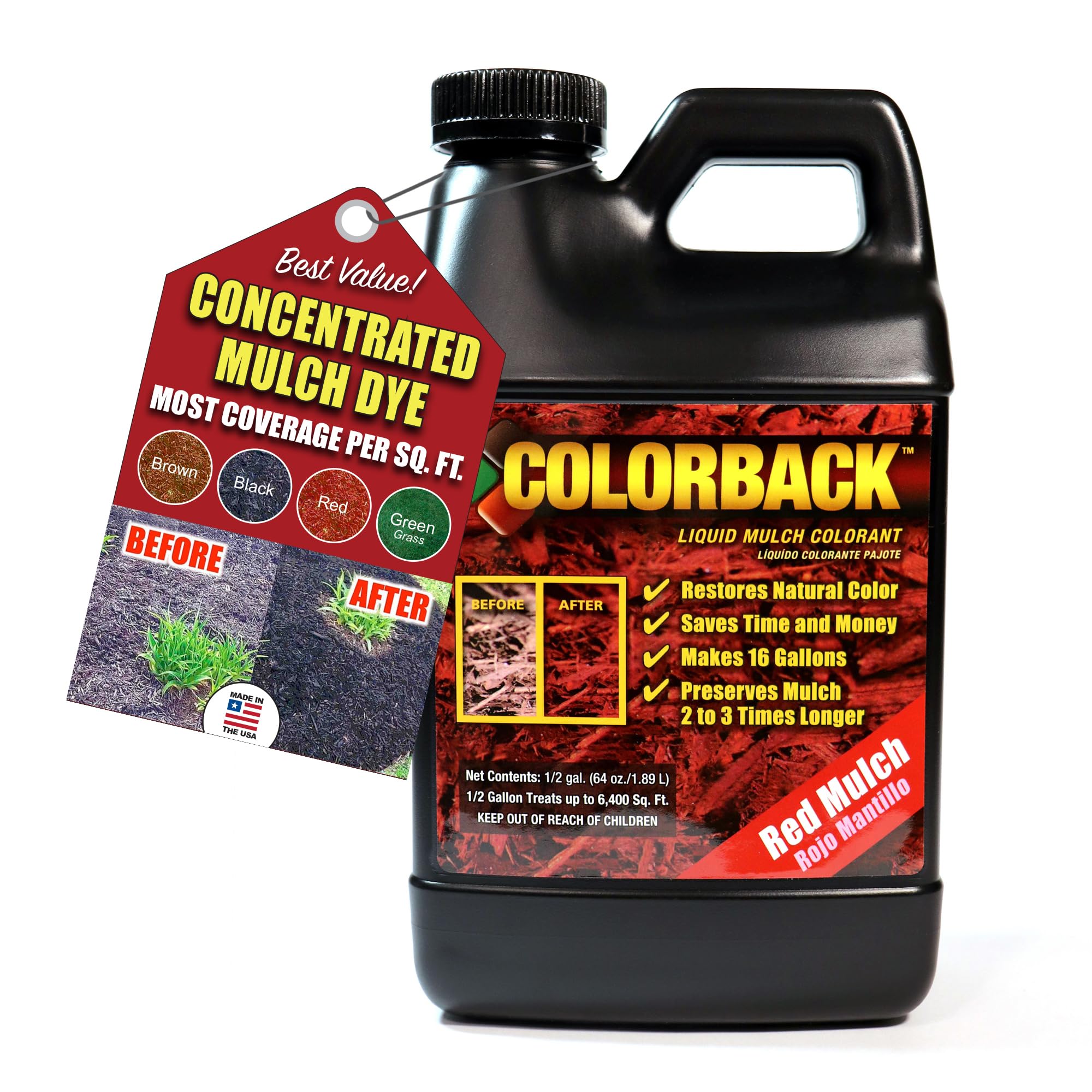 COLORBACKRed Mulch Dye, 6,400 Square Feet Coverage – Mulch Colorant for Landscaping & Garden Beds, Wood Mulch Dye, Mulch Color Restorer & Playground Bark Mulch, Eco-Friendly Mulch Paint – 1/2-Gallon Red