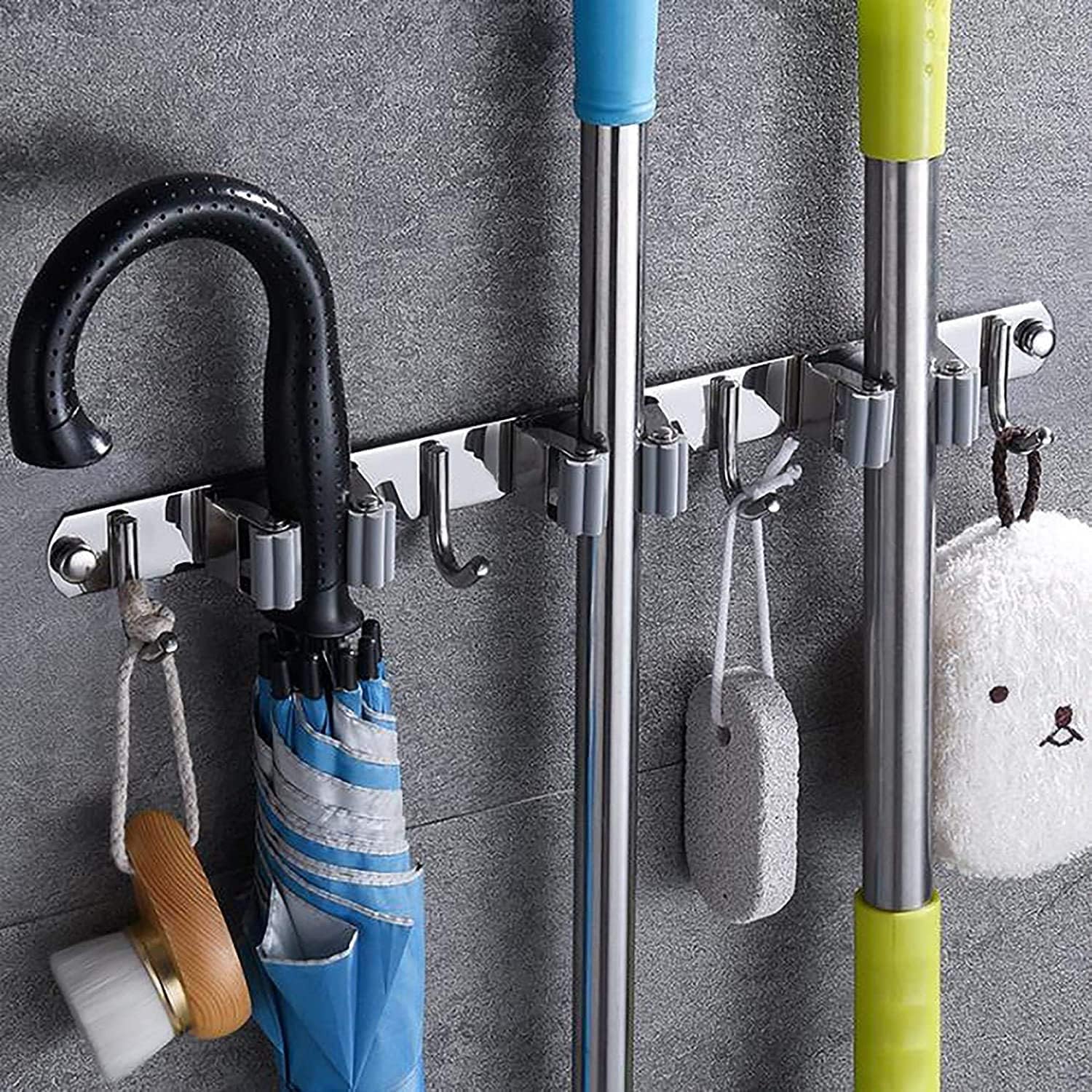 Kepzell Mop Broom Holder organizer No Drill Wall Mounted Heavy Duty with Hooks Hanger Storage Rack for Bathroom, Kitchen, Office, Silver(3 Racks 4 Hooks)-image-10