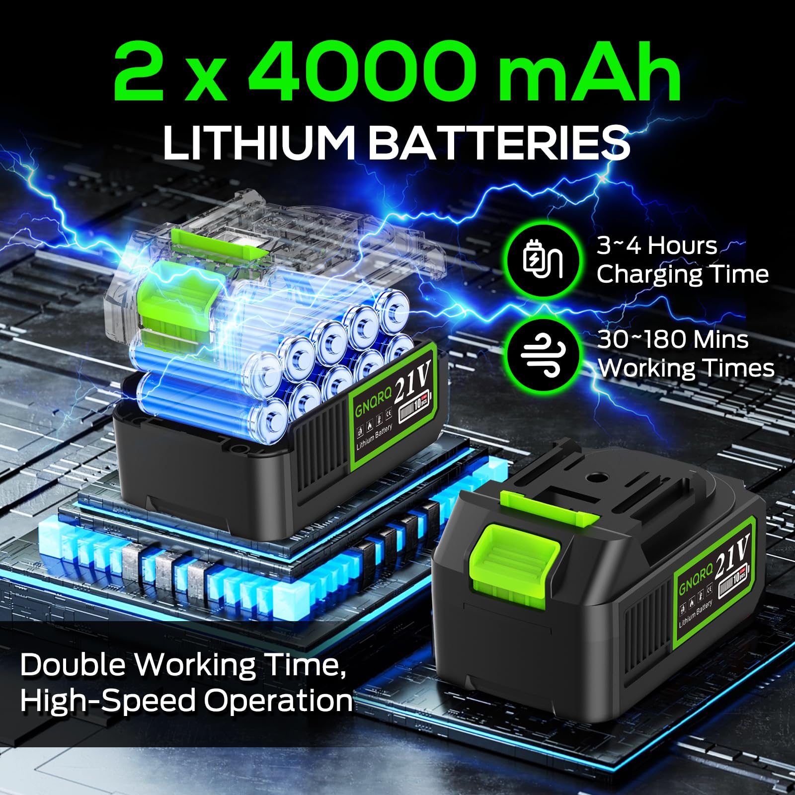 Soplador eléctrico de hojas inalámbrico, 21 V alimentado por batería con 2 baterías de 4.0 Ah y carga, 715 CFM y 180 MPH y modo de 3 velocidades, sopladores de mano para cuidado del césped, patio