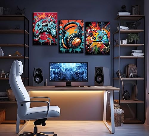 Miniatura 3 de 3 piezas de arte de pared de juego a color, mango de videojuego, auriculares, grafiti, decoración de habitación, póster de luz de neón, impresiones