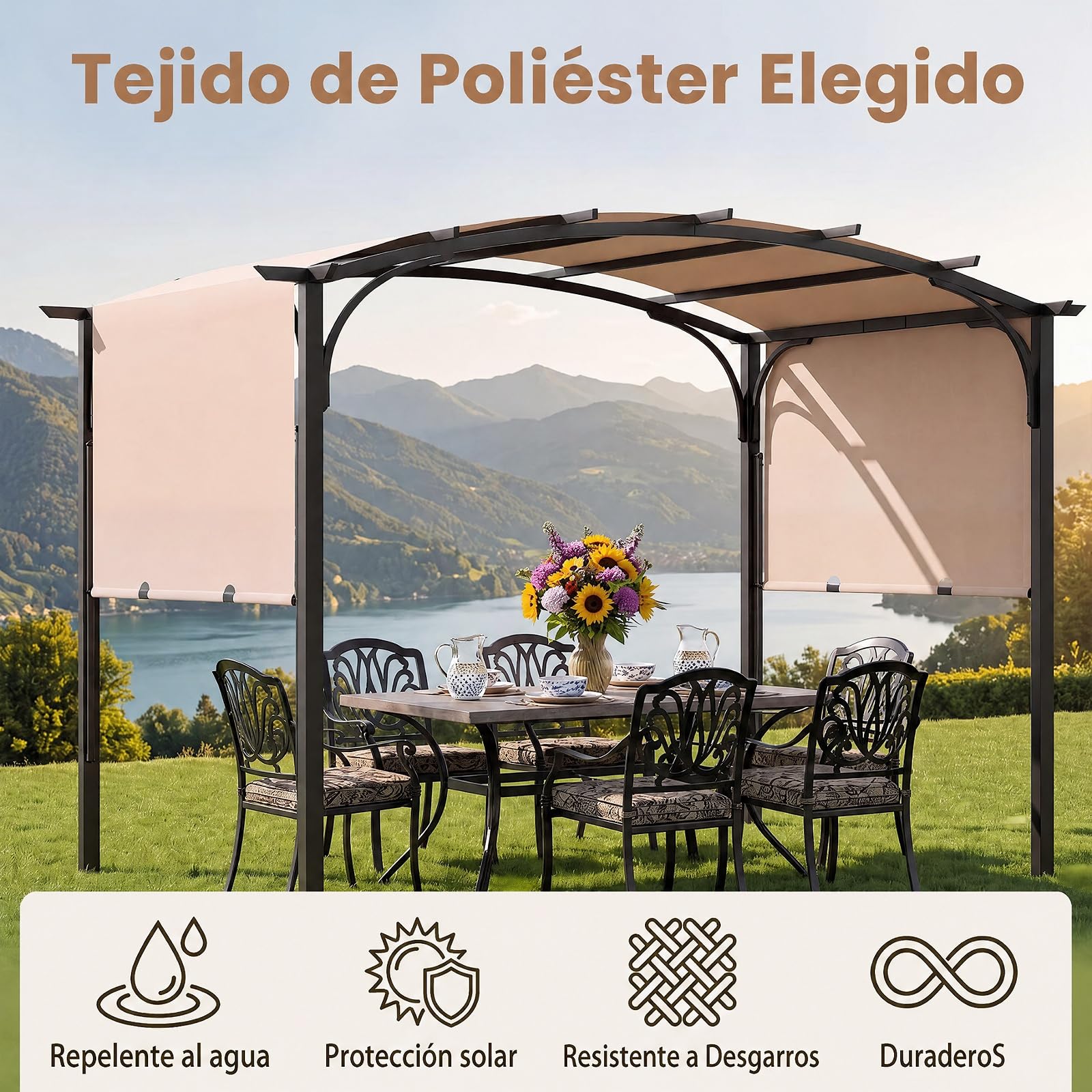 GOPLUS Pérgola Retráctil para Exterior, 305x246x233 cm (Beige) | Cenador de Jardín con Estructura Metálica y Tejido de Poliéster, Arco Jardín con Toldo para Patio, Terraza, Porche