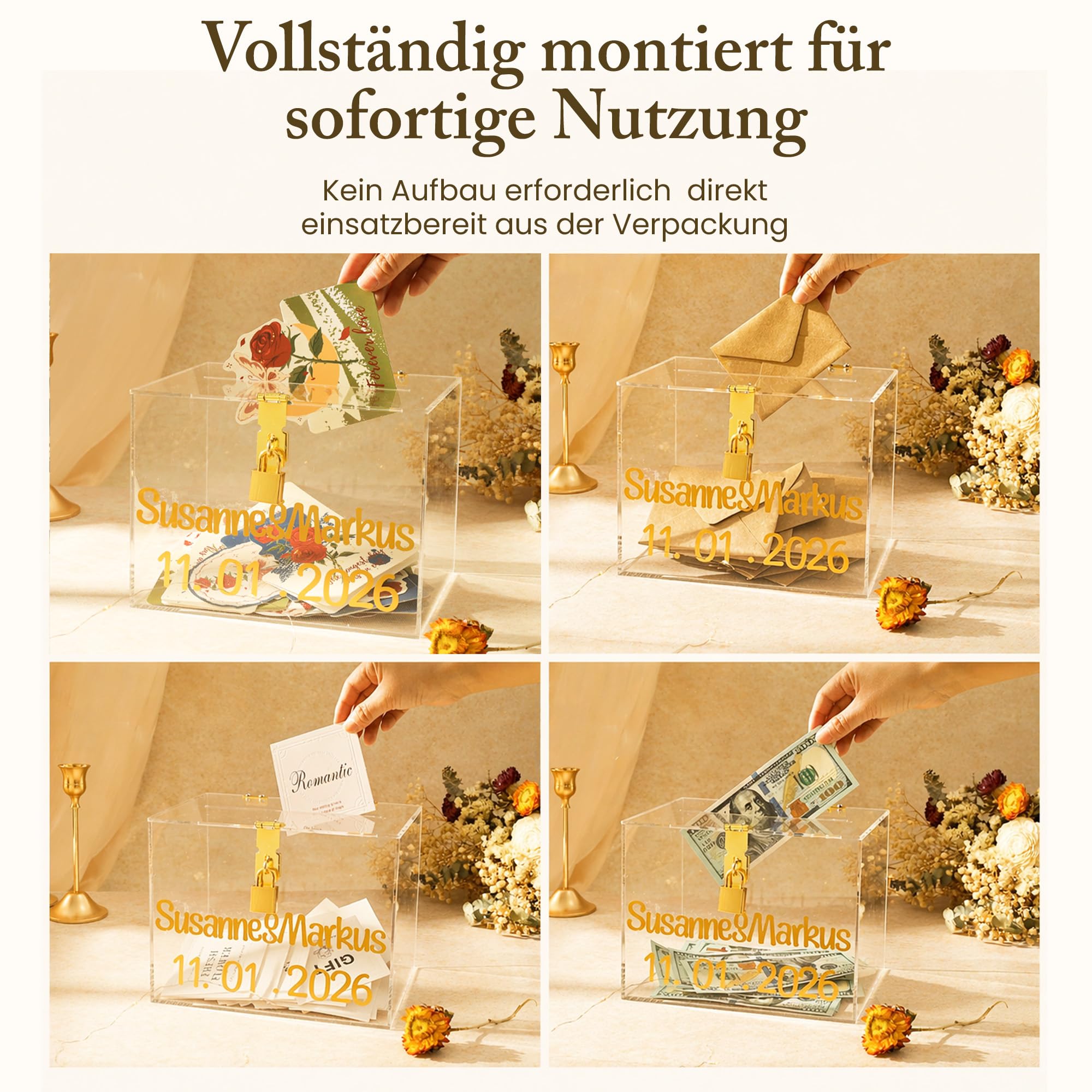 StarK Kartenbox Hochzeit – Elegante Acrylbox mit Schloss | Personalisierbar mit goldenen Buchstabenstickern inkl. Pinzette | Für Karten & Geldgeschenke, Geschenkbox Hochzeit