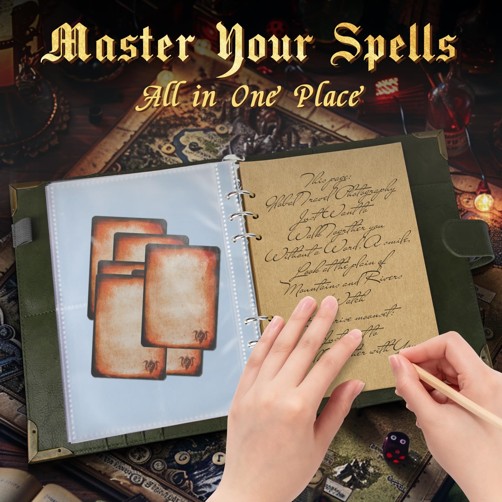 Foliant of Recollection TTRPG Porte-cartes avec sort magique pour DnD/RPG, livre de magie de poche et porte-cartes de référence, accessoires de jeu pour débutants et maîtres DnD avec 40 cartes de