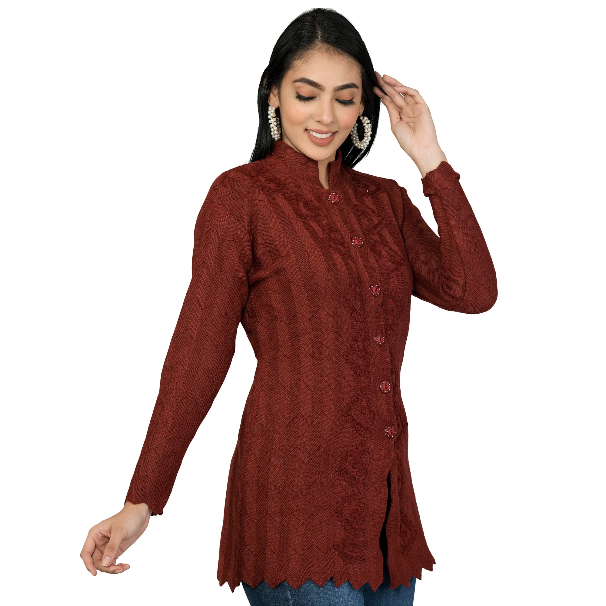 Women Woolen Round Neck Sweater Heavy Front Long Kadai Cardigan Winter Wear Pure Wool Cardigan for Women Free Size Cotty Warm Cardigans with Side Pockets (M, Maroon)-image-6