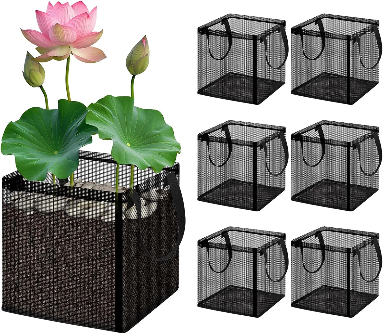 6 Pcs Pond Pots for Plants, Pond Plant Baskets with Handles, 7.1" Reusable Aquatic Pond Planting Bags, Durable Breathe Reusable Fabric Plant pots for Aquatic Plants, Lily, Carrot, Lotus (1 Gallon)