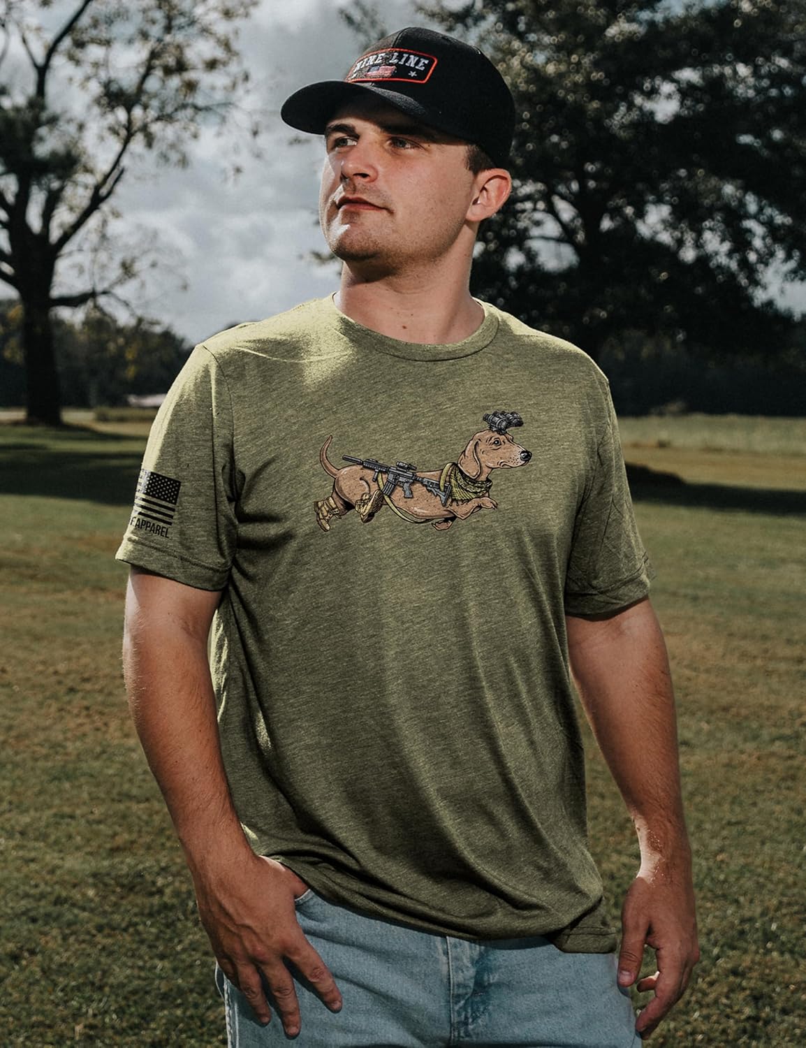 Nine Line Tactical Wiener Dog T-Shirt for Men, Funny Dachshund Military Graphic, Patriotic Veteran-Owned Military Apparel USA