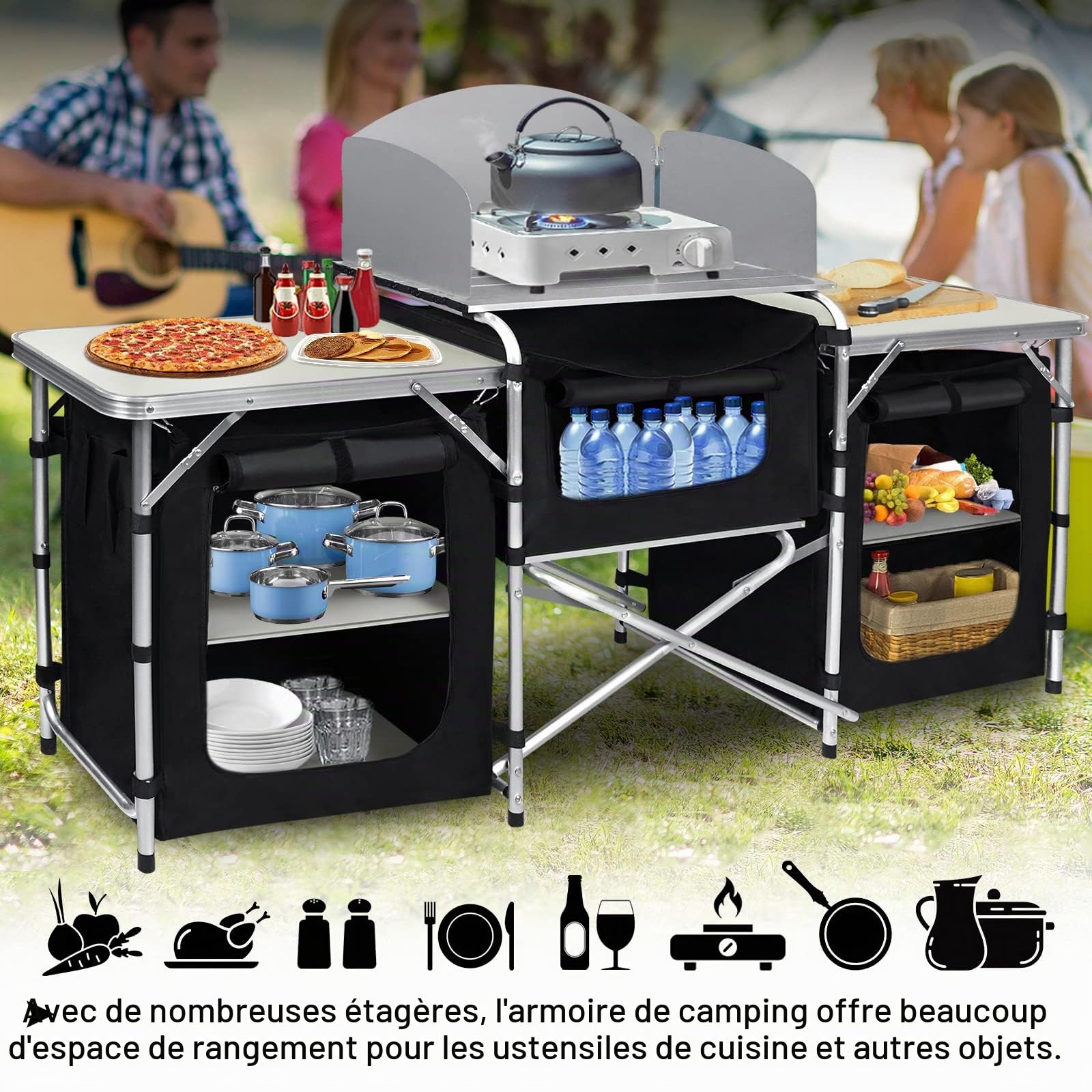 UISEBRT Armoire de camping pliable avec structure en aluminium - Pour le camping et la cuisine - Avec sac de transport