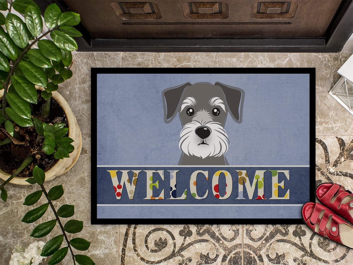 Caroline's Treasures BB1392JMAT Schnauzer Welcome Doormat 24x36, Blue Front Door Mat Indoor Outdoor Rugs for Entryway, Non Slip Washable Low Pile, 24H X 36W