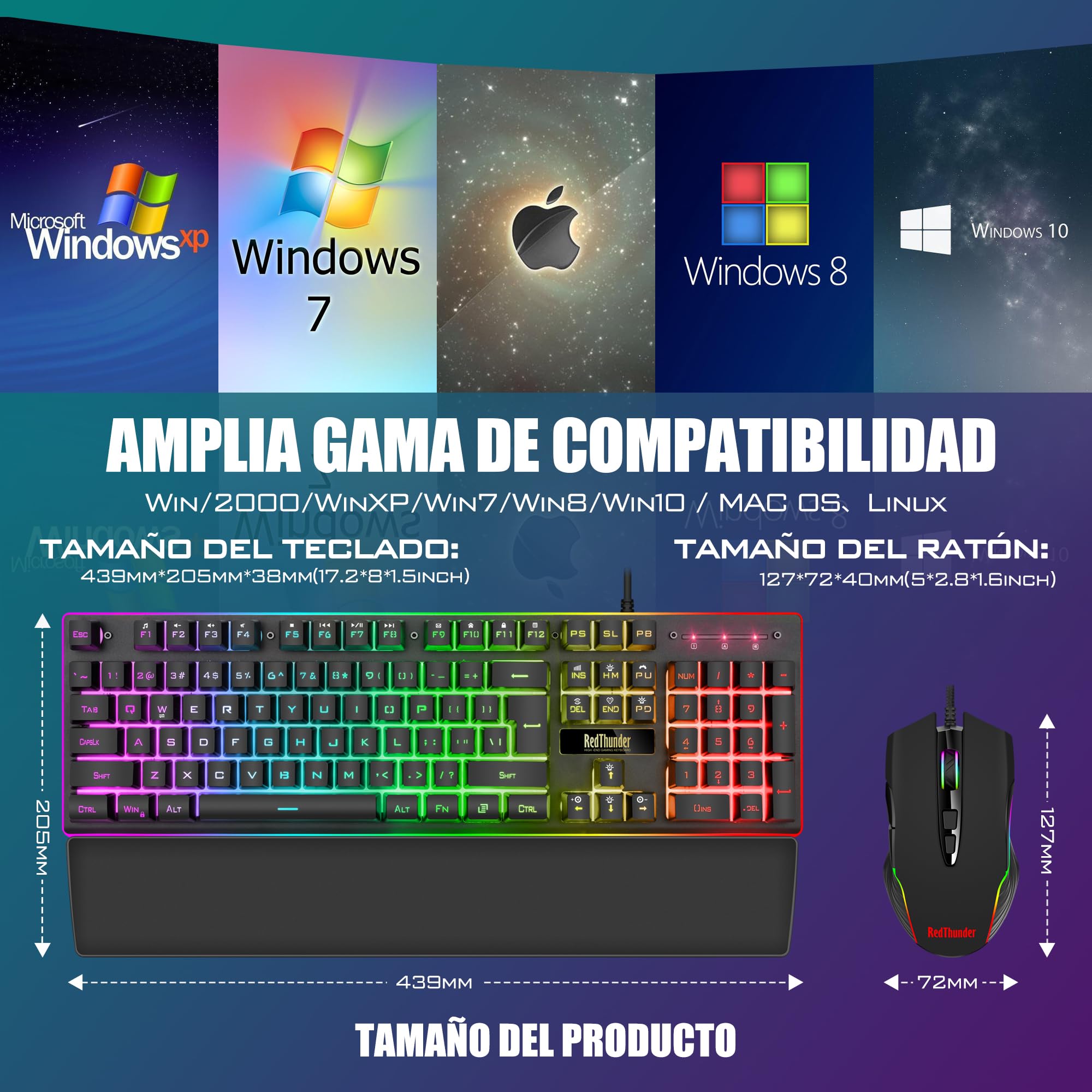 RedThunder K10 Juego 3 en 1 de Teclado, Ratón y Reposamuñecas de Cuero, Retroiluminación RGB + Tacto Mecánico, Teclas Anti-Ghosting + Ratón 7D 7200DPI, Layout Español, Compatible con PC/PS5/Xbox Negro