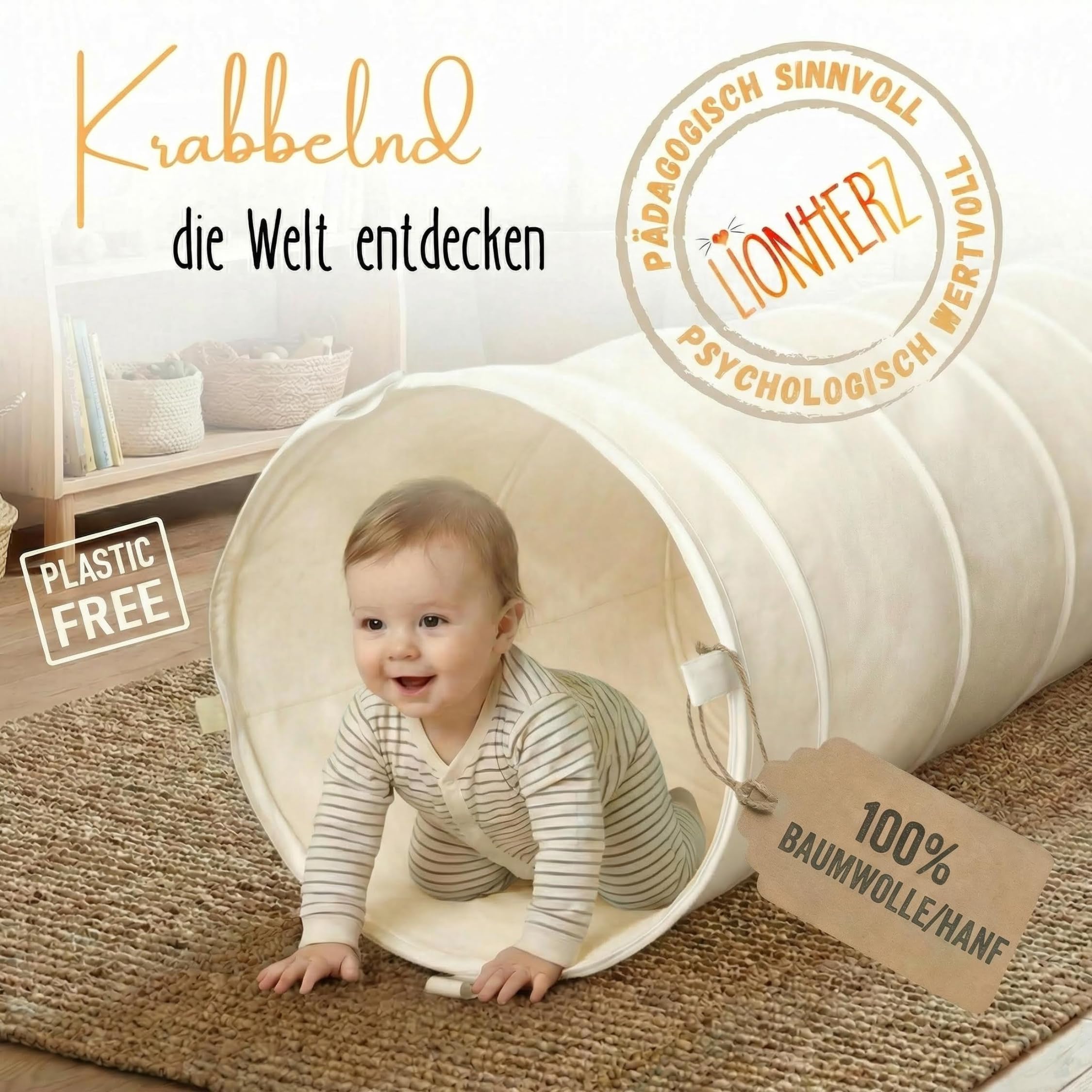 LIONHERZ® Spieltunnel für Kinder aus Baumwolle/Hanf mit Klettverschlüssen [180cm x 46cm] Krabbeltunnel für Baby | Faltbarer Pop-up Kriechtunnel | passend zu unserem runden Spielzelt (Cremeweiß)