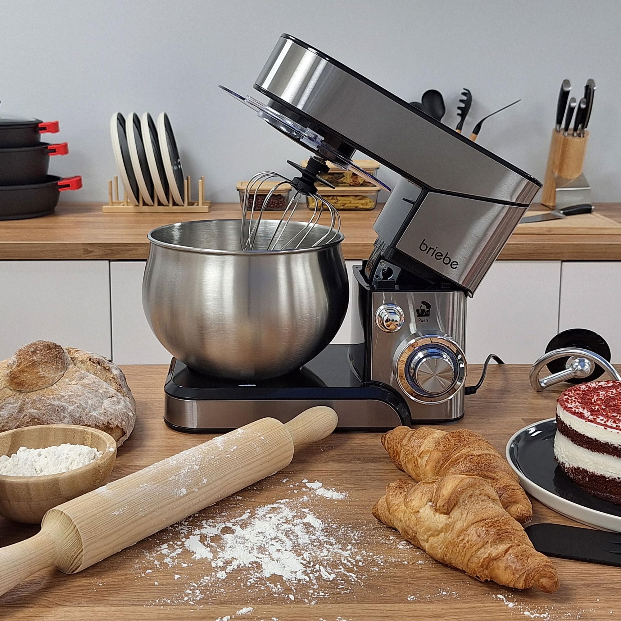 briebe Mikser do ciasta 1800 W MAX, profesjonalny robot kuchenny, ruch orbitalny, pręty, hak do ciasta, łopatka do mieszania, 5 l, 6 prędkości + funkcja pulsu, Inox KM1114