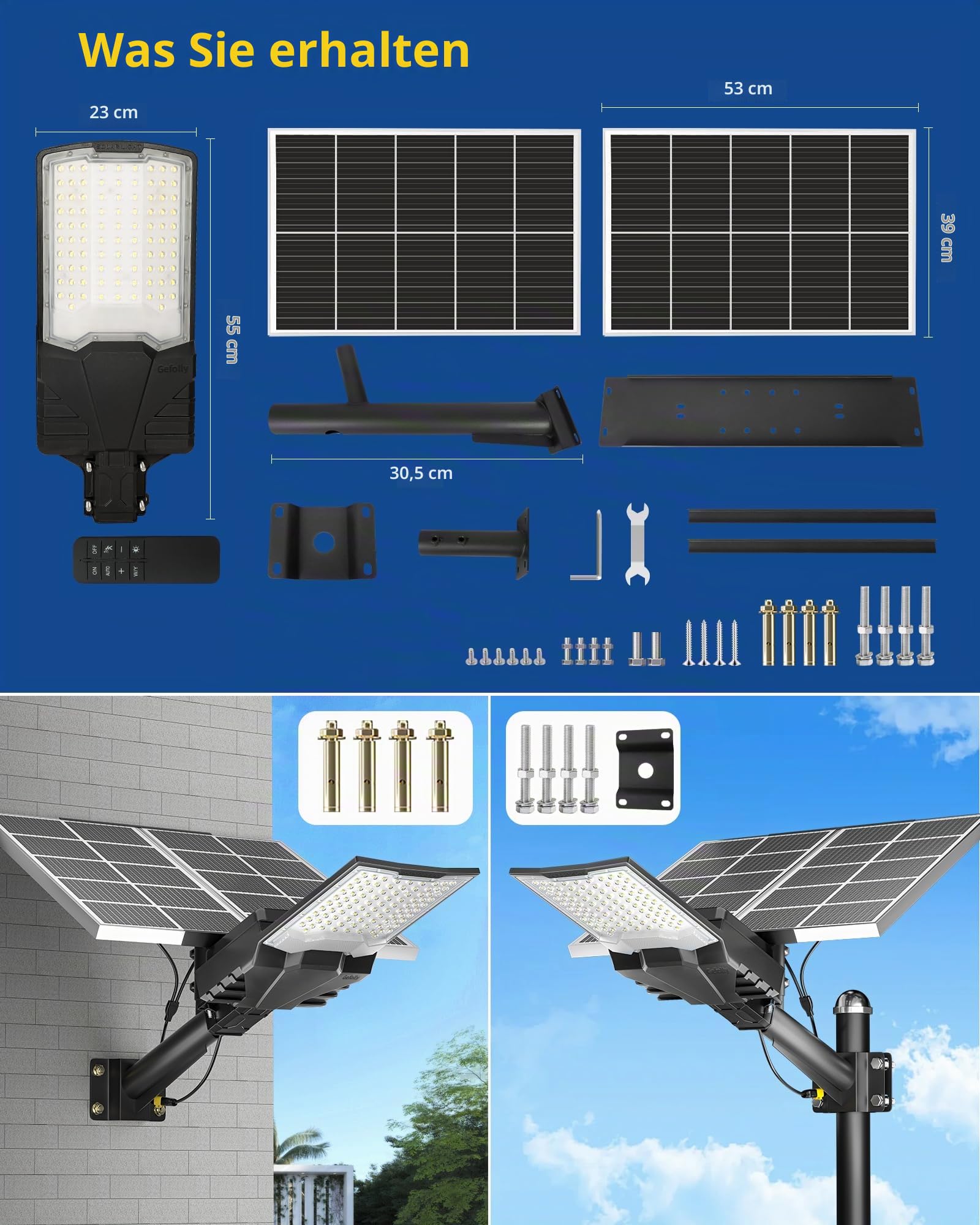 Gefolly Solar Straßenlaterne für Außen, Solarlampen mit Fernbedienung, 6500K Solarleuchten Dämmerung bis zum Morgengrauen IP67 Wegeleuchte im Freien für Gärten Garage(18000W)