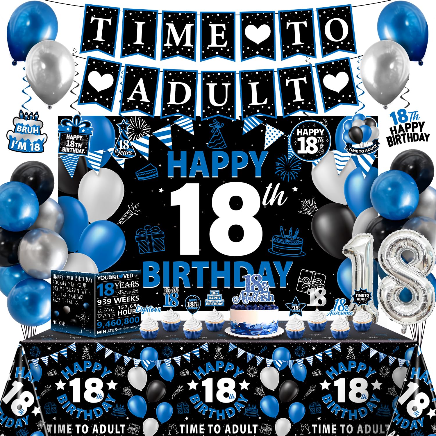 18th Birthday Decorations for Boys, 38Pcs Time To Adult Banner Backdrop