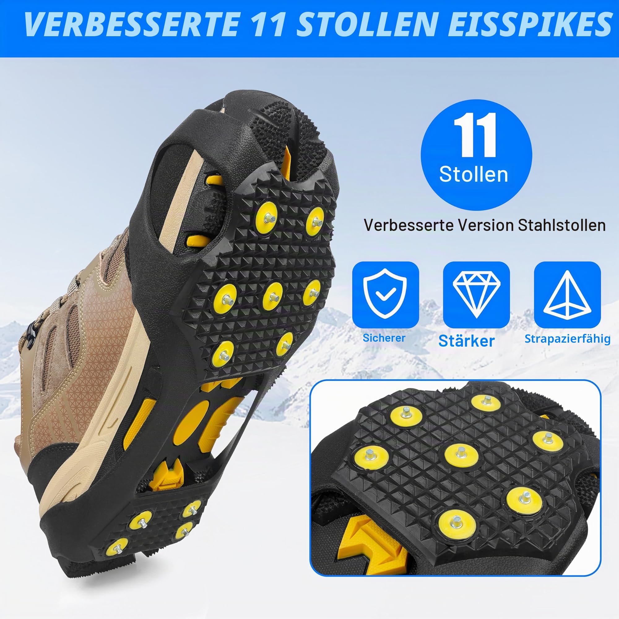SHADDOCK Ice Snow Grips Traction Cleats 11 Studs Ice Snow Crampons for Shoes and Boots Anti Slip Overshoe Winter Outdoor ​Ski Hiking Climbing Fishing Walking
