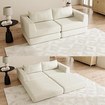 Chenille Convertible Futon Sofa Bed Folding Iron Frame Sleeper Couch with Adjustable Backrest, Loveseat Recliner for Living Room, Apartment,Beige