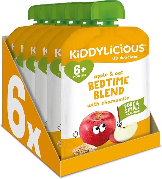 Kiddylicious Bedtime Blend Apple, Oat & Chamomile Pouches - Delicious Pouches for Babies - Suitable for 6+ Months - 100g x 6 Packs - 1