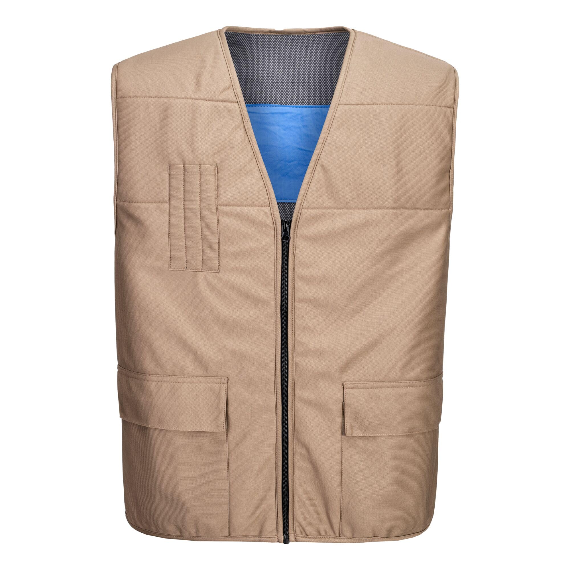 Portwest CV28 Cooling Vest Lightweight Breathable Workwear Quick Activation Reusable Eight Hour Cooling Mesh Fabric Three Pocket Functional Design, Khaki, S/M