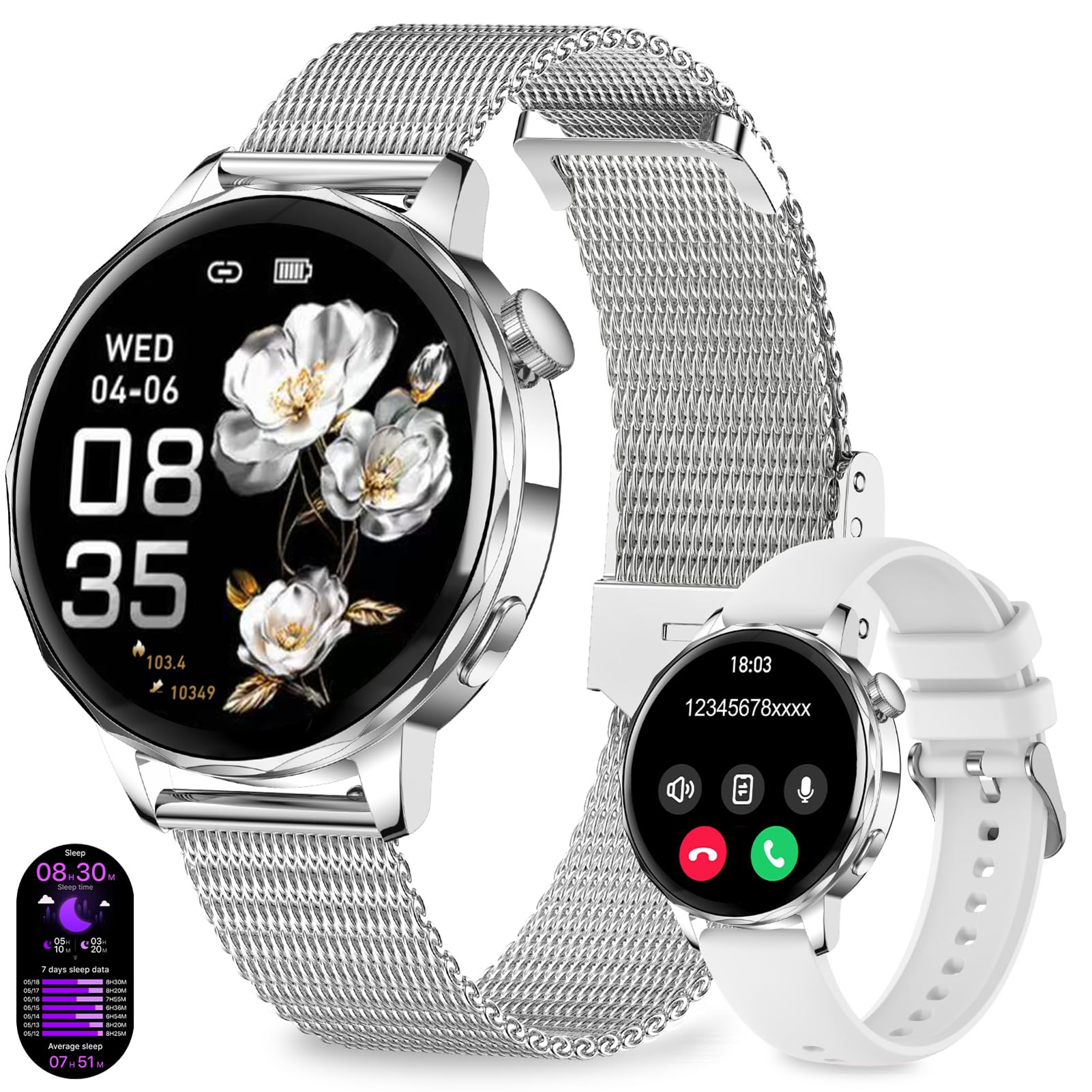 Smartwatch Donna Chiamate BLE5.3, 1,27'' HD Schermo Orologio Smartwatch Rotondo con Notifiche Messaggi/120+ Sportive/Cardiofrequenzimetro/SpO2/Sonno, Smart Watch Donna IP68 per Android iOS, Argento