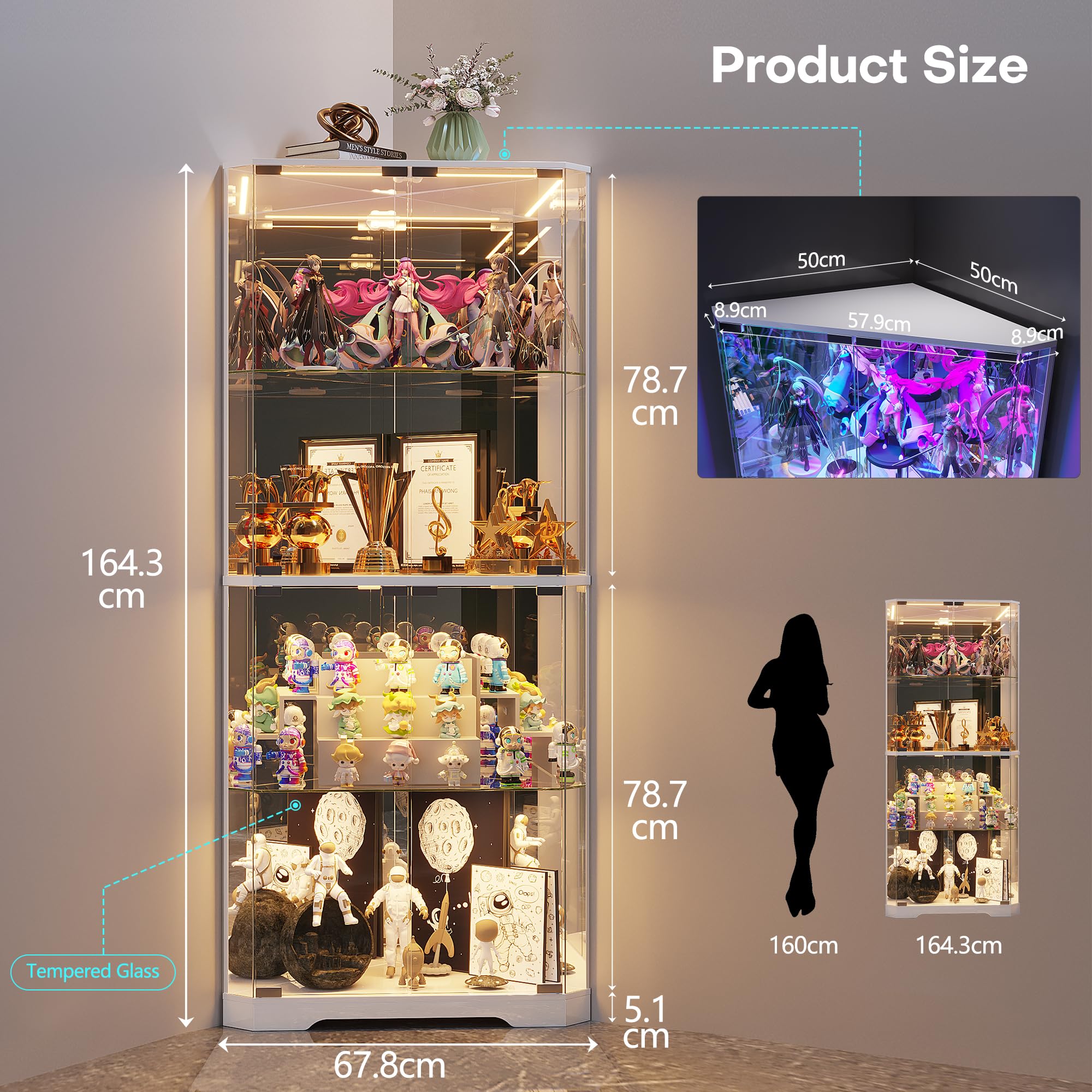 FREDEES 164cm Glasvitrine Stehend Eckvitrine, Vitrinenschrank mit RGB-Beleuchtung für Sammlerstücke, 4-Etagen LED Glas Eck-Kuriositätenschränke für Sammlerstücke/Spielzeug/Bücher, Weiß