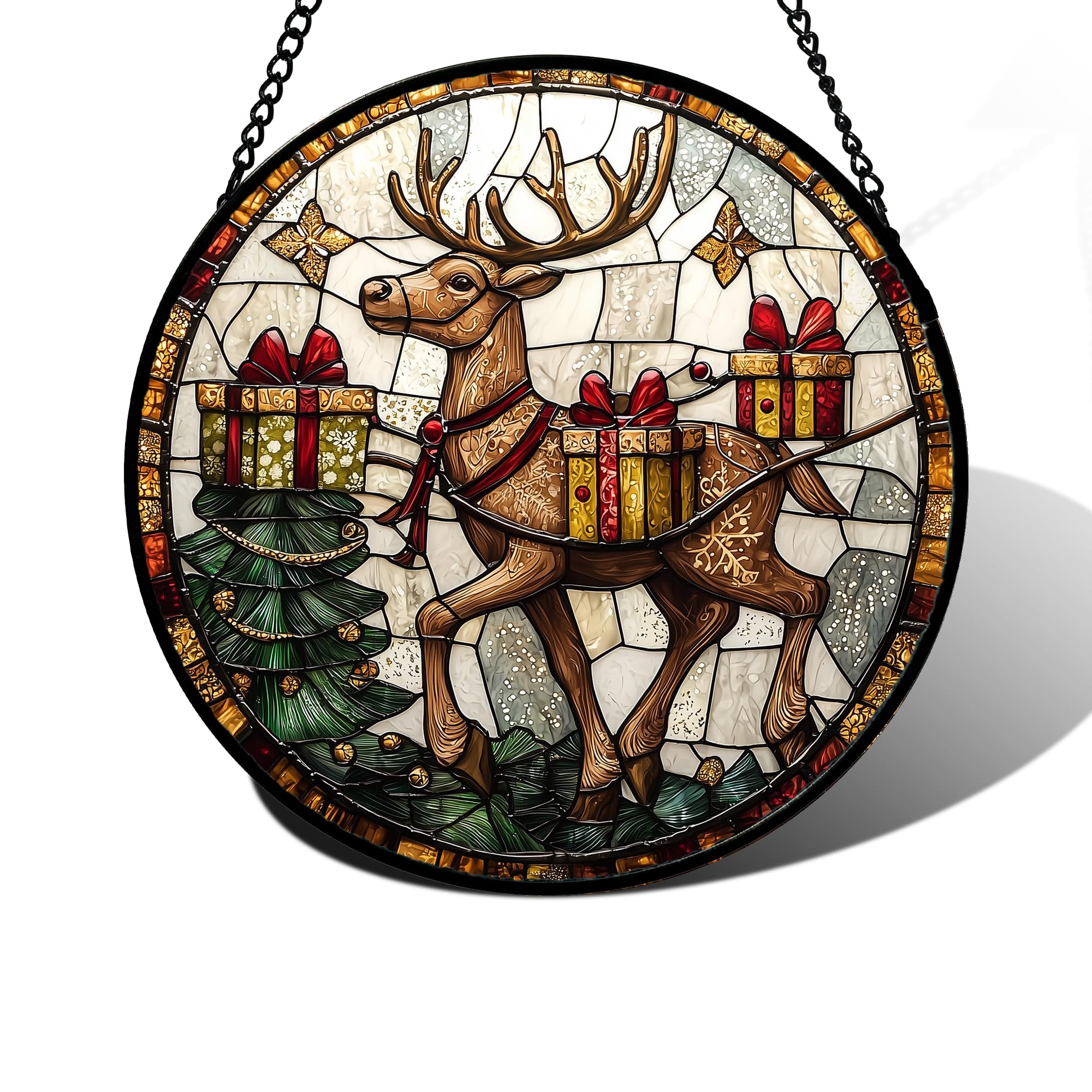 DASTOLL Stained Glass Window Hanging, Christmas Tree Elk Sun Catchers Colorful Glass Panel Retro Suncatcher Decor for Birthday for Women, Men, Wife, Aunt, and Mom 11.8x11.8 in โ image 1