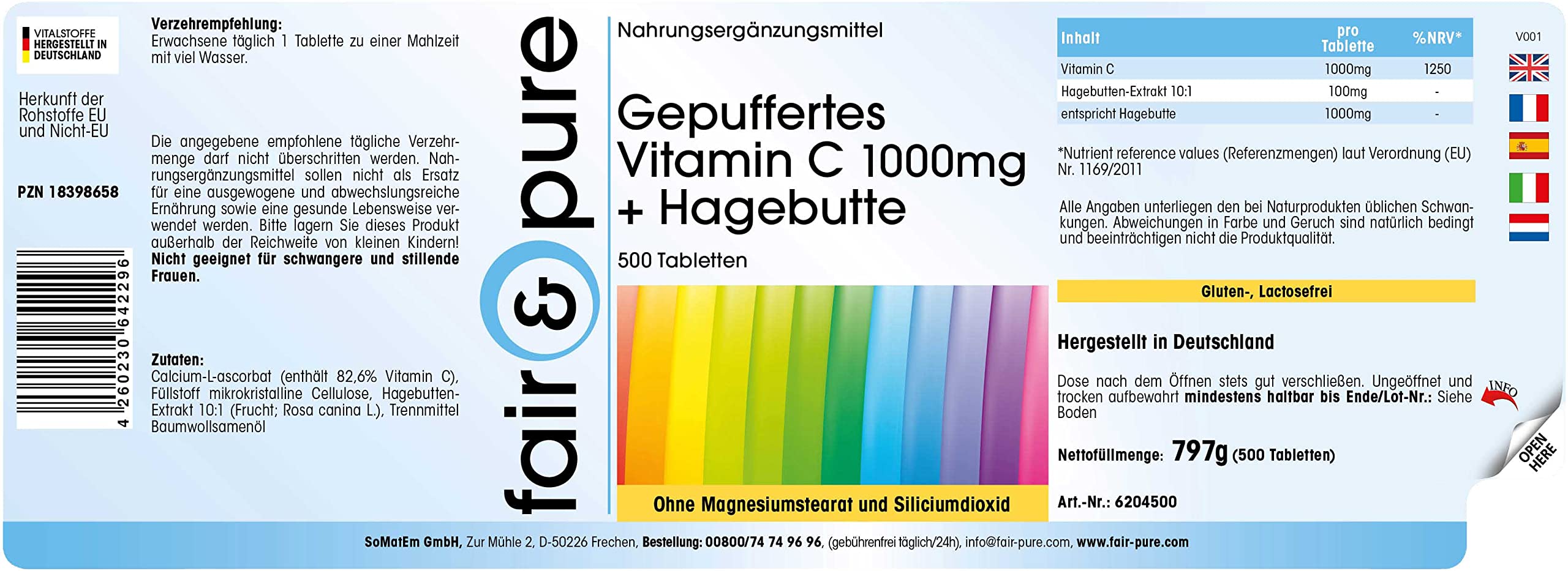 Fair & Pure Vitamine C tamponnée 1000 mg + cynorrhodon, 500 comprimés, hautement dosé avec 1250% VNR, L-ascorbate de calcium, complément alimentaire sans stéarate de magnésium, fabriqué en Allemagne