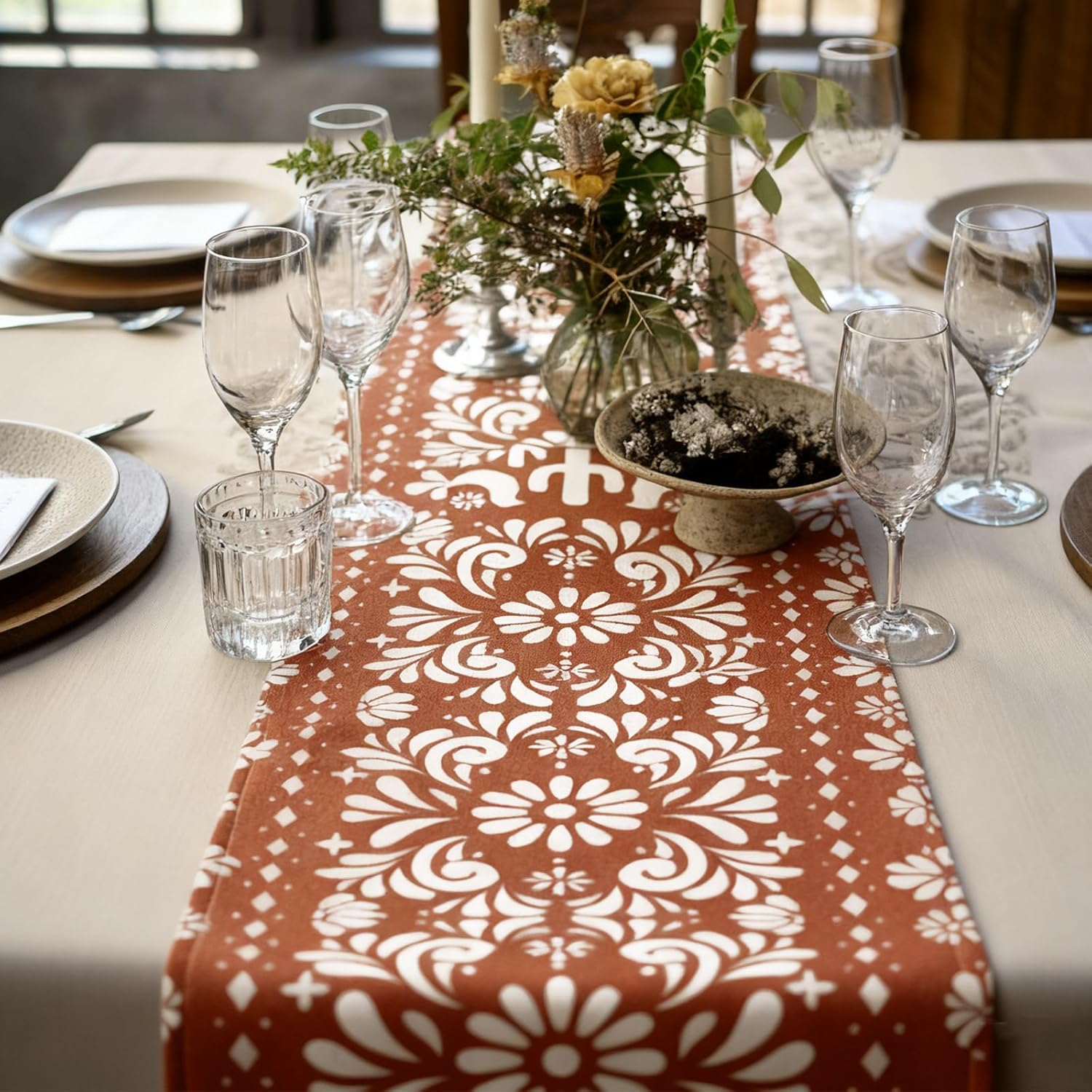 12 Pcs Mexican Talavera Cielito Lindo Table Runner 71 x 13'' Linen Baby Shower Home Decor Traditional Cinco De Mayo Dia De Los Muertos Day of The Dead Fiesta Party Decoration Supplies (Brown)