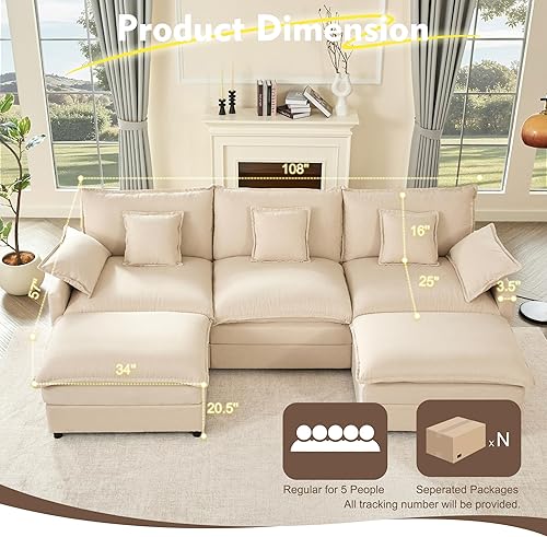 Miniatura 2 de Sofá modular en forma de U de 108 pulgadas, sofá modular de 3 plazas con otomana móvil, sofás de asiento profundo para sala de estar, lino, beige