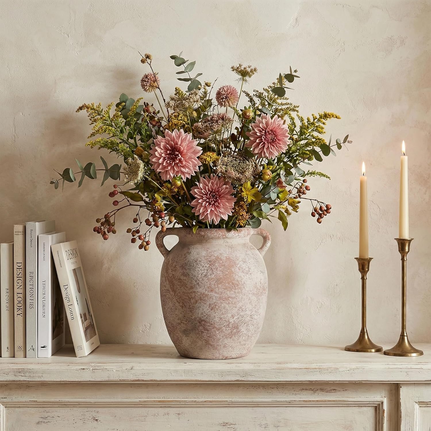 Ceramic Flower Vase Home Decor - 7.28Inch Farmhouse Rustic Vase,Double Handle Pottery Terracotta Vases for Living Room Dining Bedroom Table Decor Festive Decor Housewarming Gift