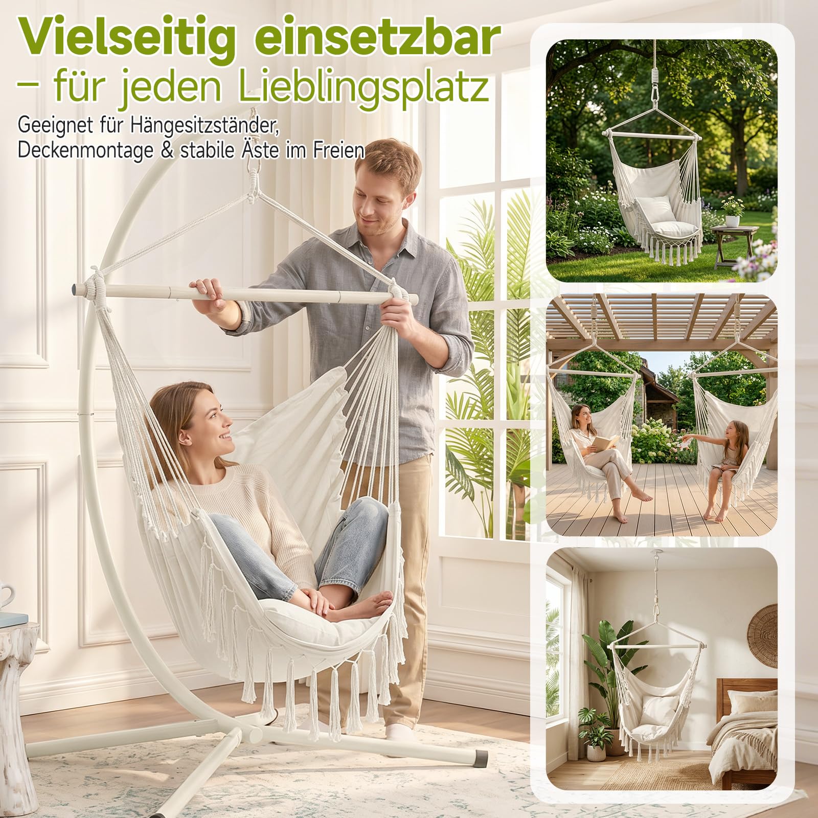Sekey Hängesessel mit 2 Kissen & Seitentasche - Boho Hängestuhl bis 120 kg - Robuste Metallstange & Anti-Rutsch-Ringe - Atmungsaktive Hängeschaukel für Indoor, Balkon & Garten, Beige
