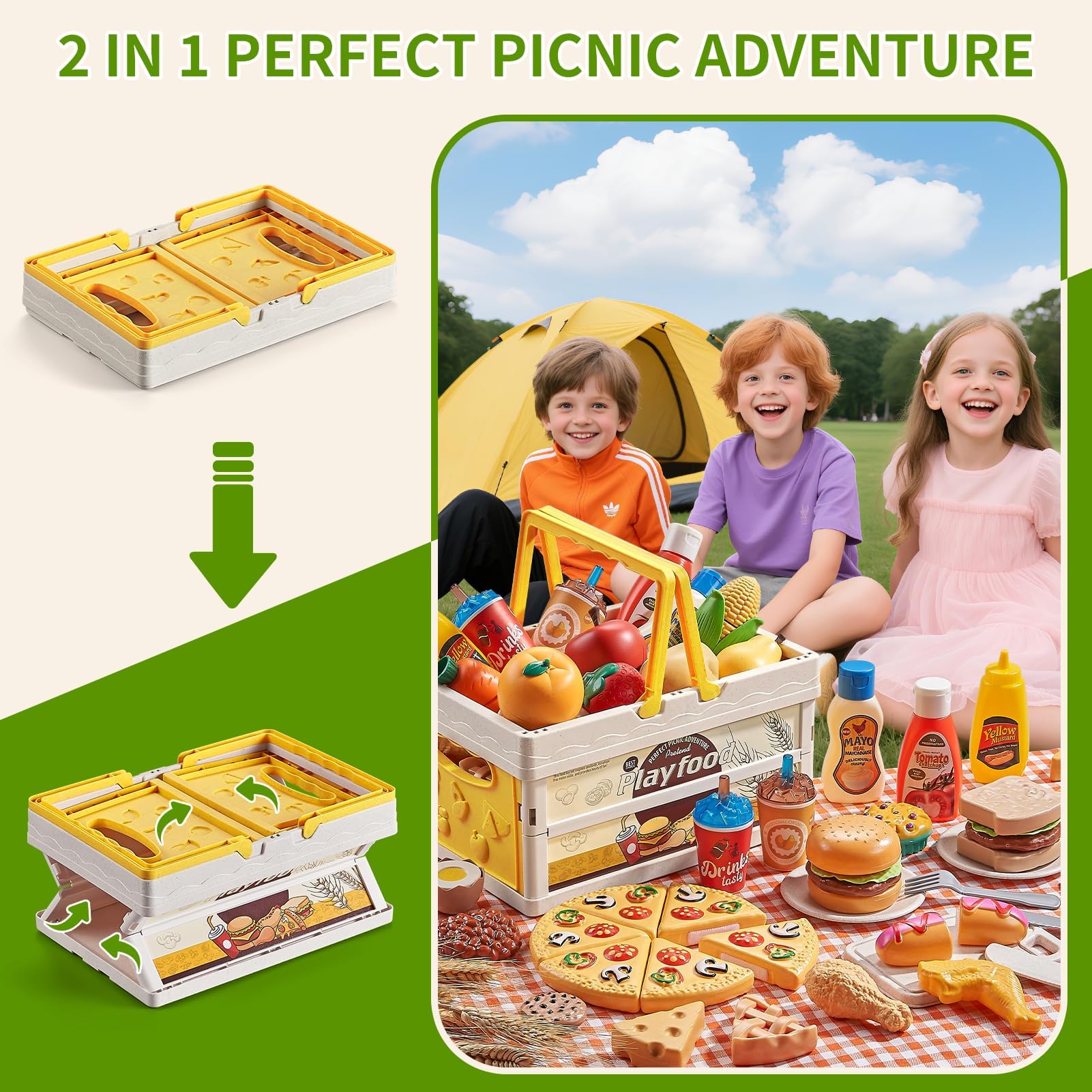 83tlg Spiellebensmittel Set Weizenstroh – Kinderküche Zubehör mit Picknickkorb & Decke – Nachhaltiges Spielzeug Essen zum Schneiden mit Klett, Pizza & Obst – Geschenk für Kinder & Kleinkinder