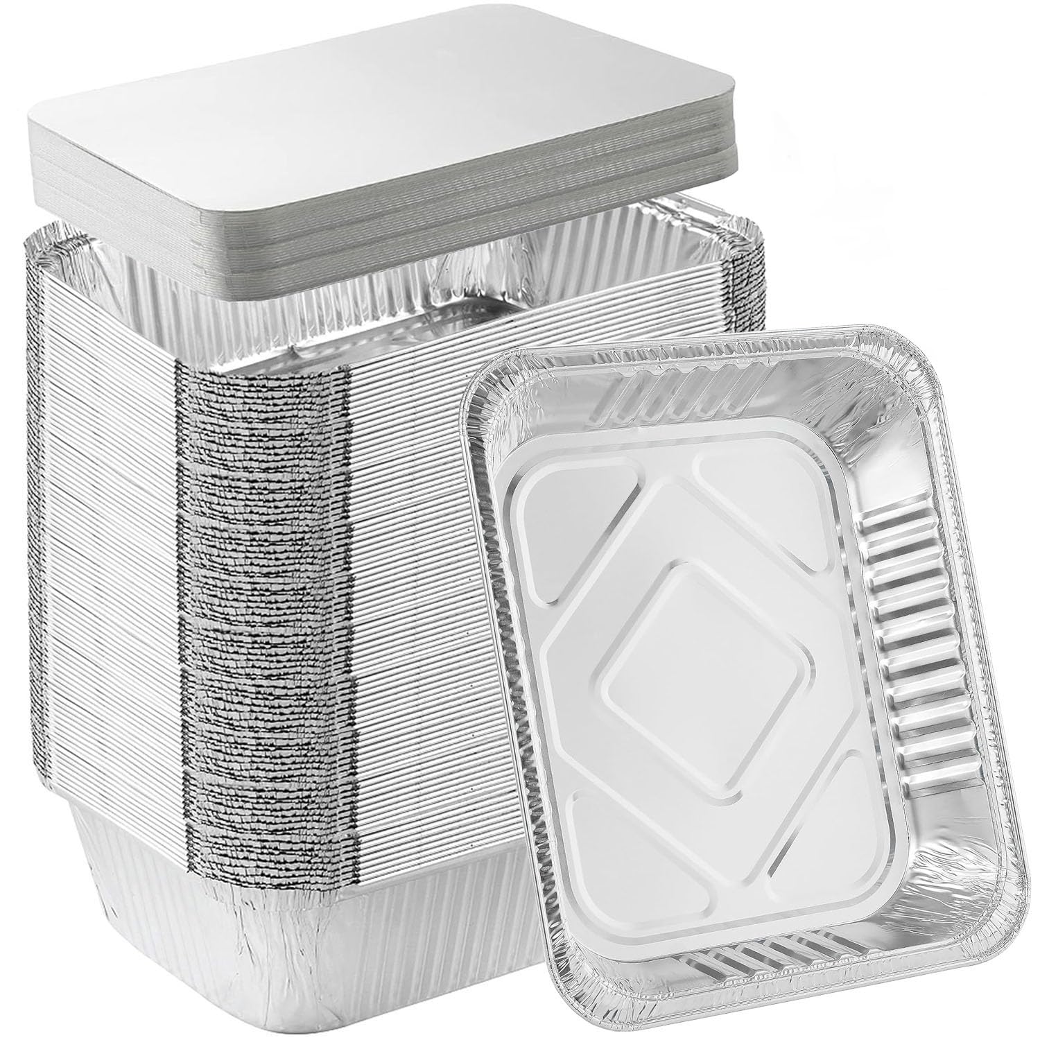 Sliva Silver 70 Pack Aluminium Foil Trays With Lids 21.5X16x5cm/1000Ml, Disposable Food Container, Takeaway Containers Ideal For Baking, Cooking, Meal Prep And Takeaway