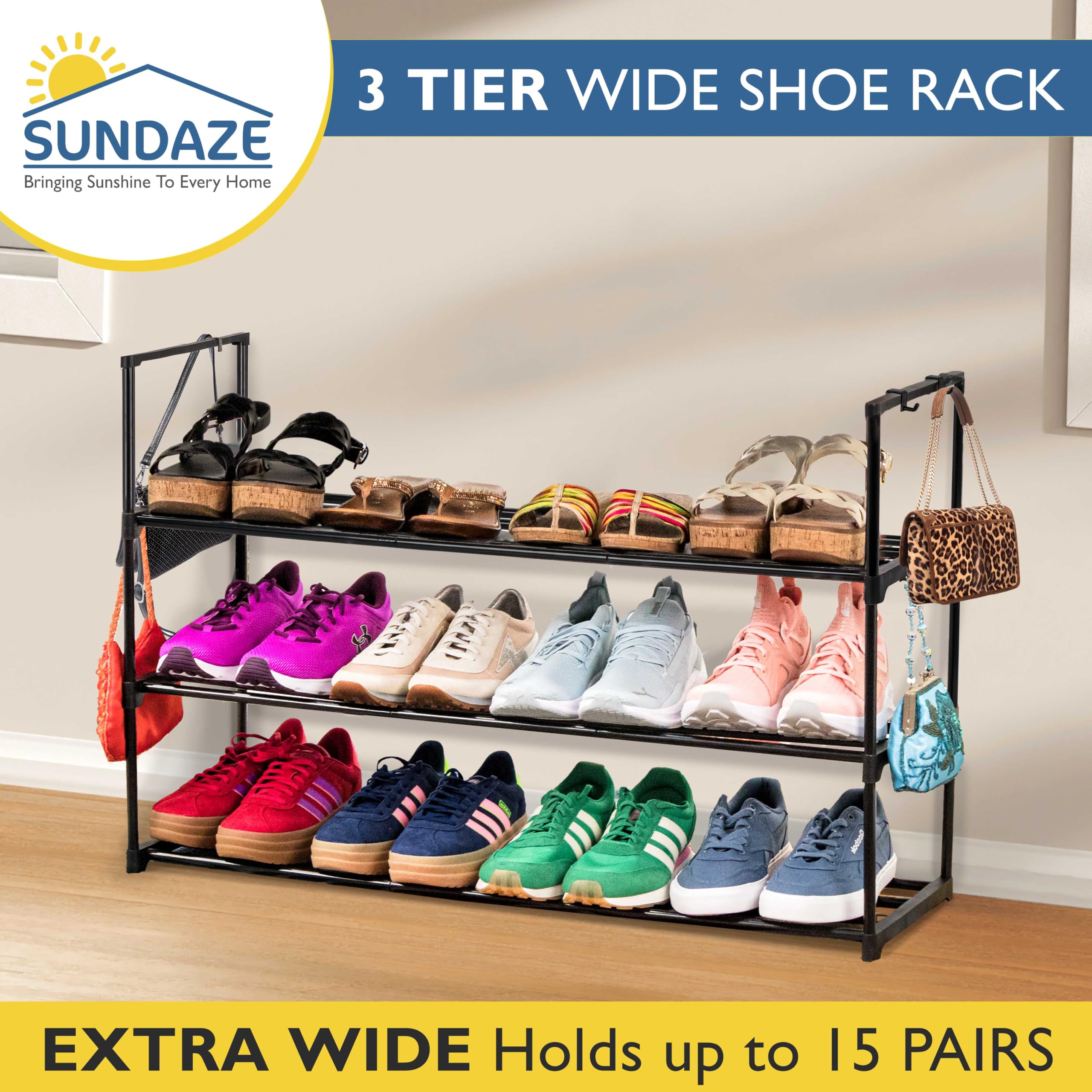 Sundaze Shoe Rack - 3 Tier Metal Shoe Organizer, Sturdy Long Shoe Rack for Closet, Bedroom, Entryway, Garage, Black Metal, Holds Up to 15 Pairs