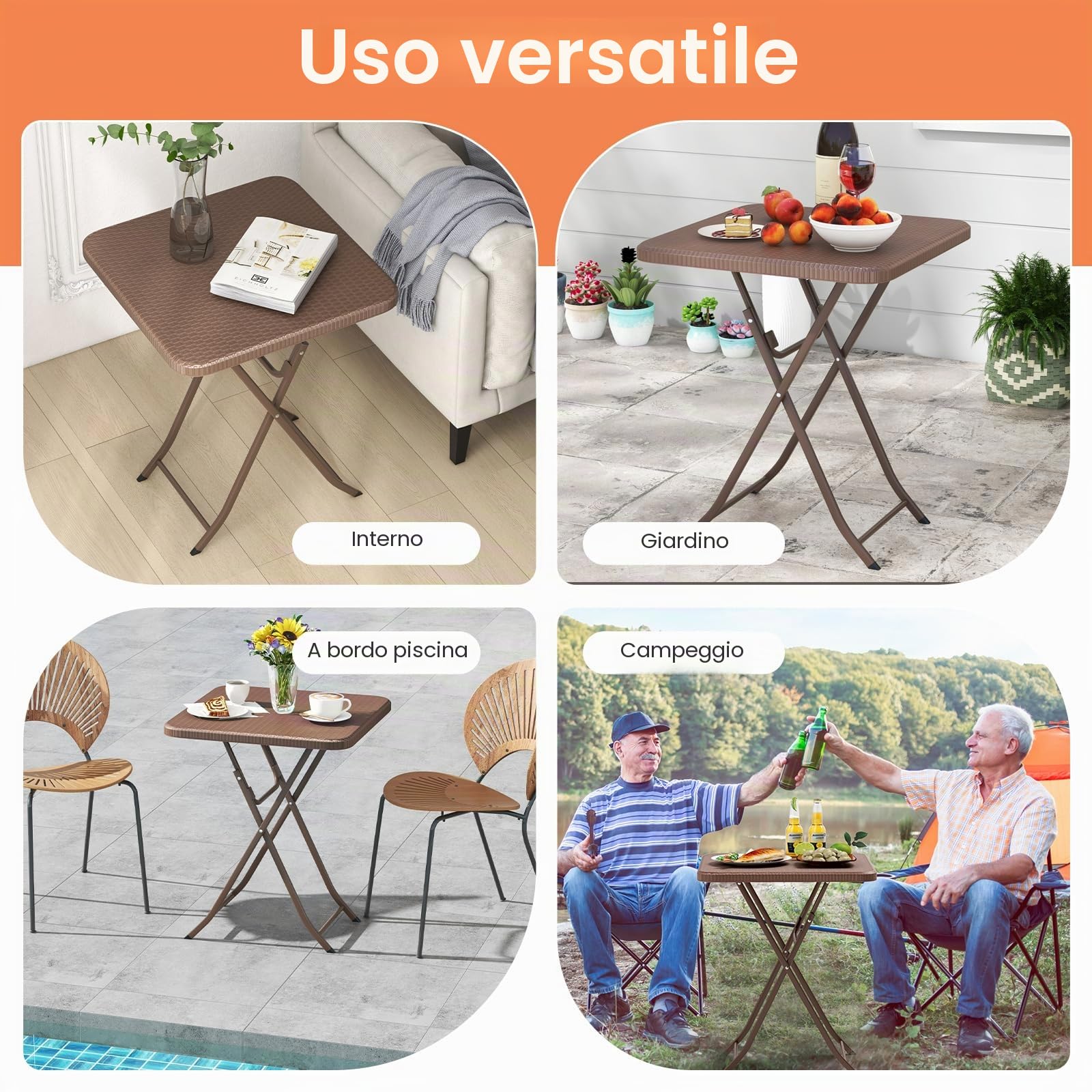 LIFEZEAL Tavolo pieghevole in rattan, tavolino quadrato da 60 cm per esterno con telaio metallico, tavolo portatile da picnic per campeggio