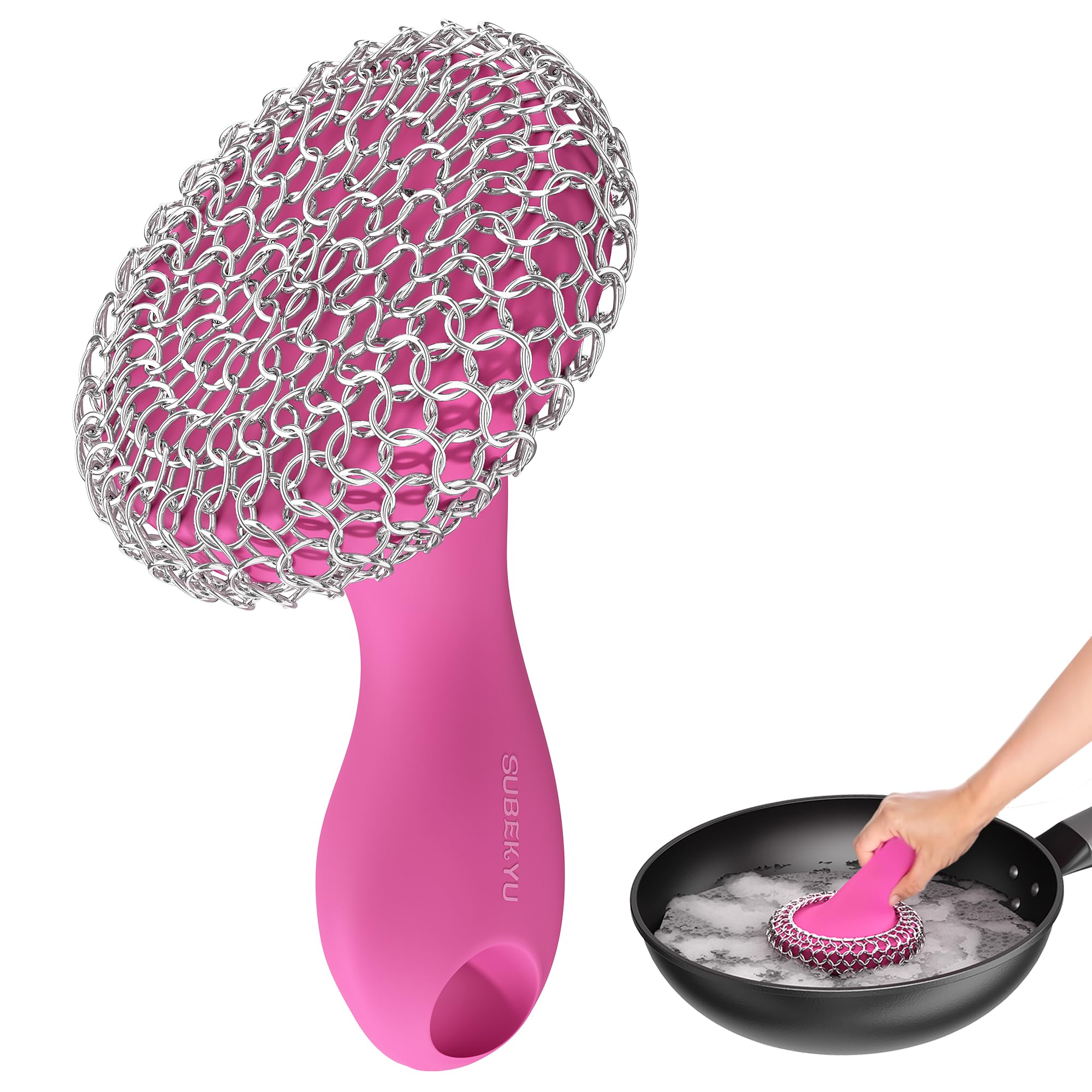 SUBEKYU Cast Iron Scrubber with Silicone Handle, Stainless Steel Skillet Cleaner for Cast Iron Pans (Pink)
