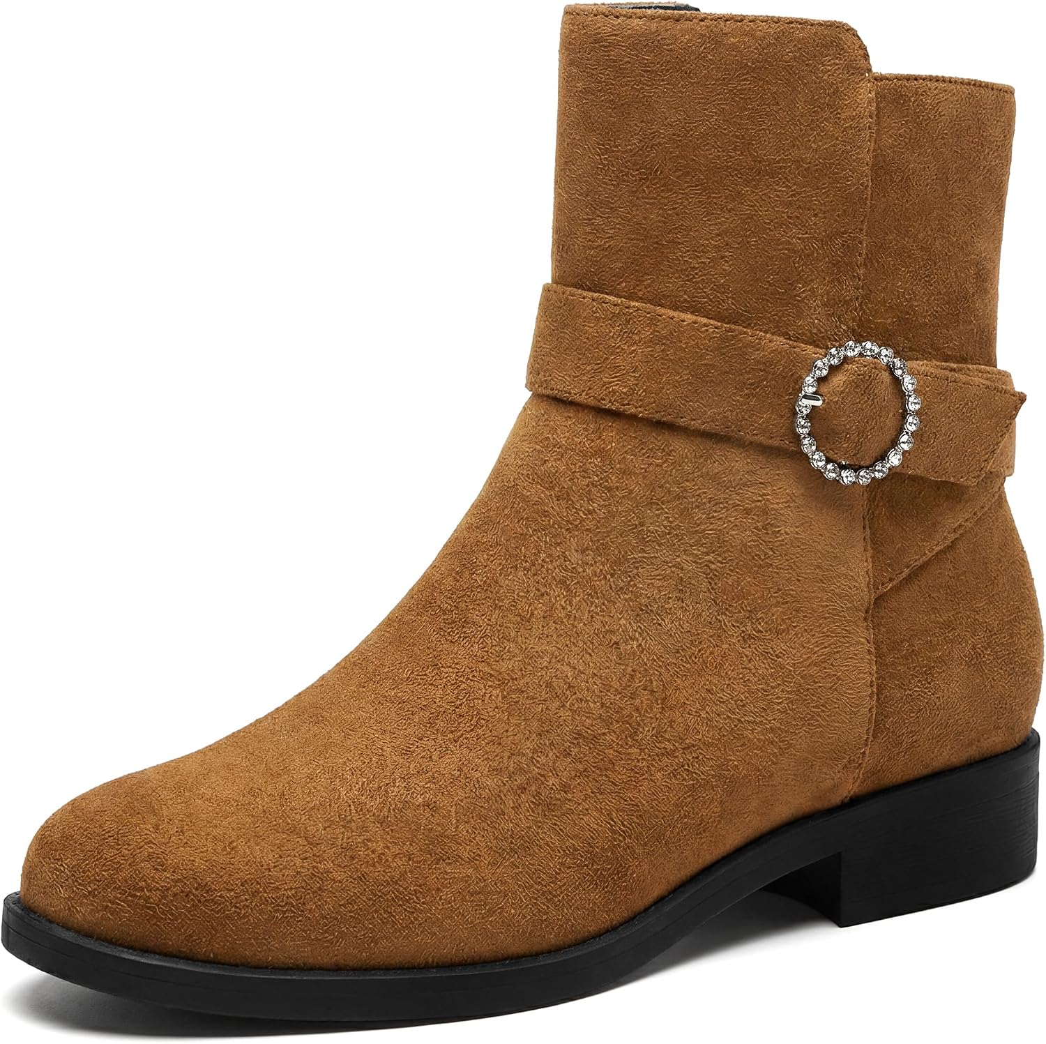 Perphy Rhinestone Buckle Low Block Heel Flat Short Ankle Boots for Women, Dark Brown, 6