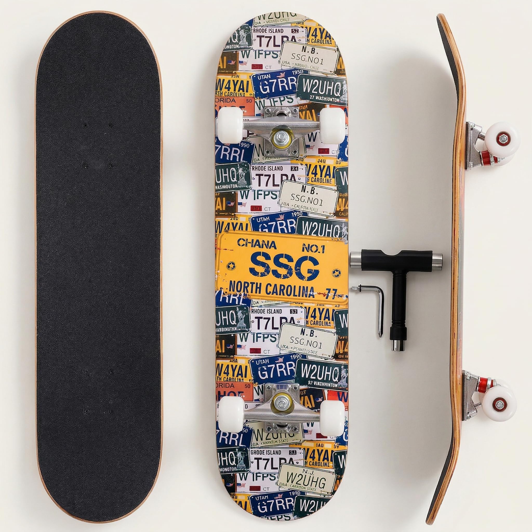 Professional Double Kick Skateboard, 31 inch Maple Deck, ABEC-9 Bearings, 95A PU Wheels, Custom Graphic Design (bat King(T-Tool Included​), 31in) (plate, 31in)