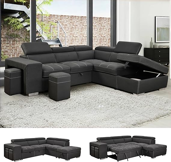 THSUPER 104'' Microfiber L Shaped Sectional Sleeper Sofa Couch with Pull Out Bed and Storage Ottoman, Convertible Couches with Adjustable Headrest for Living Room, Right Facing Chaise. Charcoal Grey