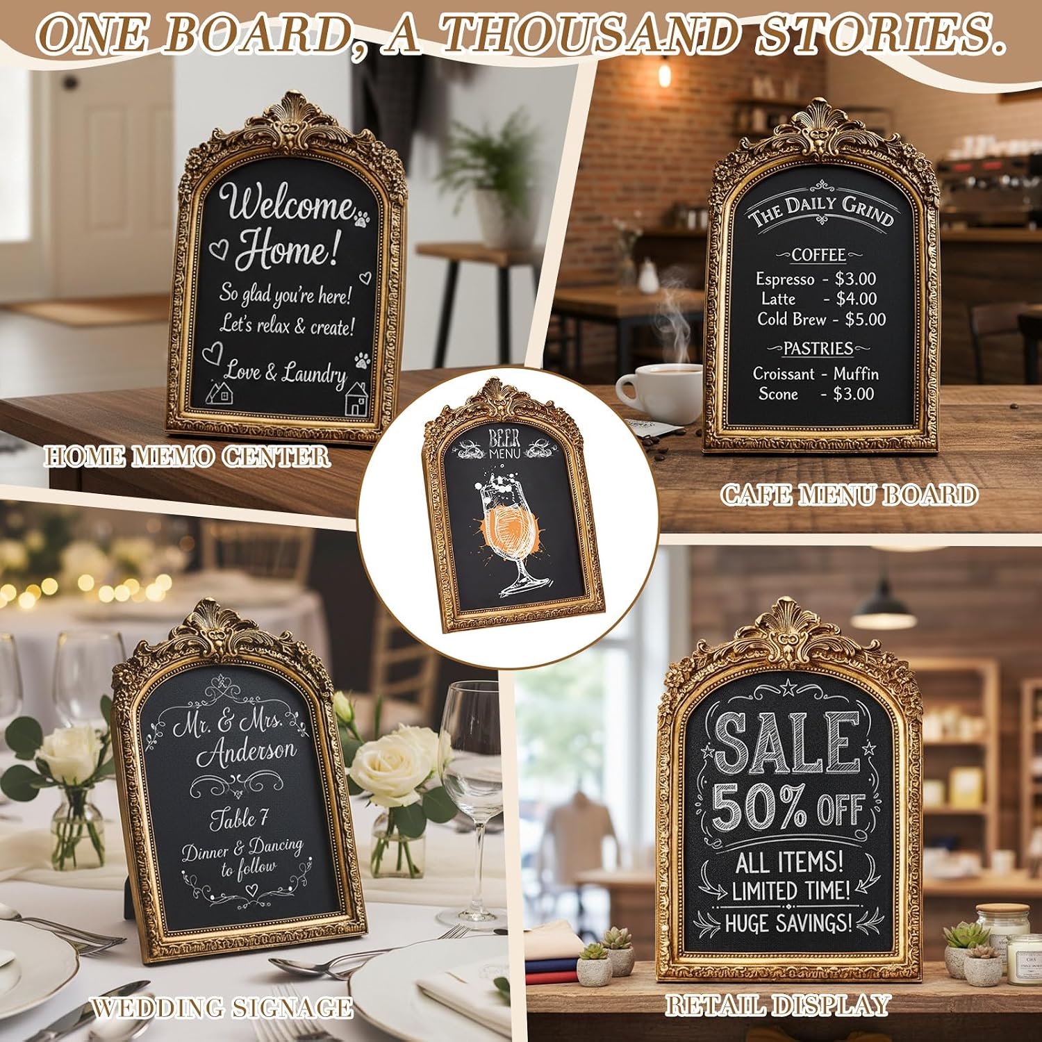2 Pack Framed Tabletop Chalkboard Sign 7 x 10 in, Rustic Frame, Hanging Chalkboard, Menu Board for Cafes Restaurant Wedding Countertop with 2 Erasable Pen and 1 Cloth (Arch)