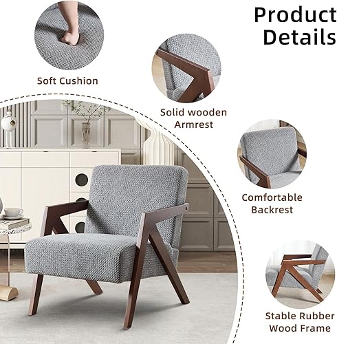 Miniatura 28 de INZOY Silla moderna de mediados de siglo con marco de madera, sillón tapizado con cojín de cintura, silla decorativa para sala de estar, dormitorio,