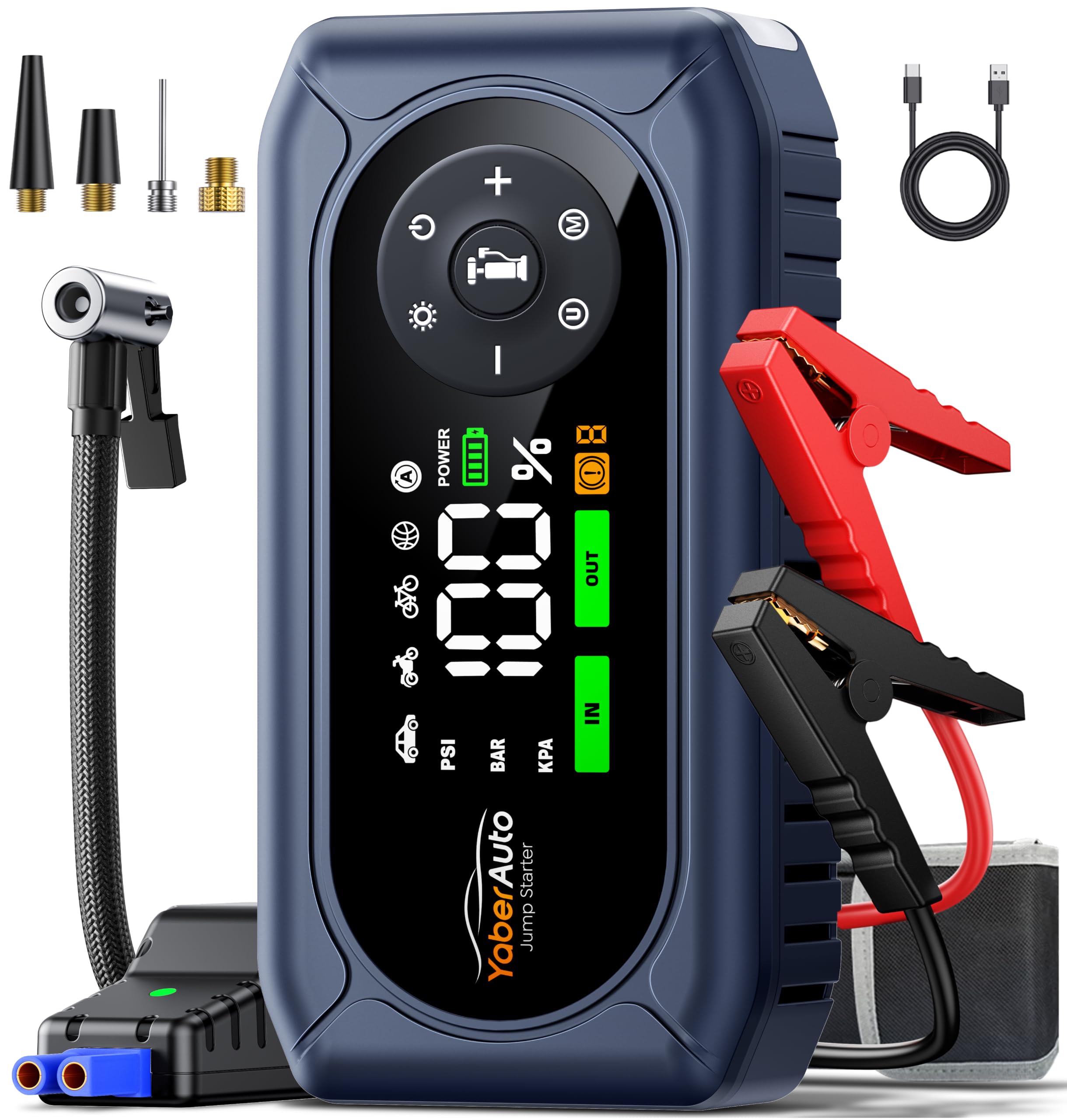 YaberAuto 5000A Car Jump Starter with Air Compressor, 150PSI Tire Inflator | Car Battery Jumper Starter Portable (9L Gas/8L Diesel) 12V Jump Box Pack Jumper Cables, 18W Fast Charge, 800LM Light, Compa