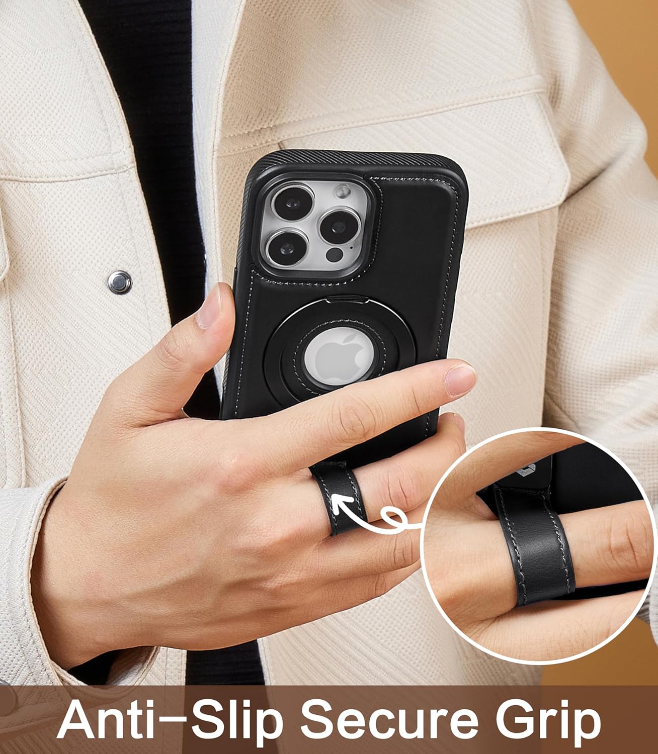Butaiga for iPhone 16 Pro Max Leather Case with Stand, Anti-Slip Grip Ring, Fits for MagSafe (Black, iPhone 16 Pro Max)
