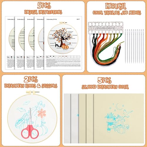 Miniatura 2 de Yuxung Juego de 5 juegos de iniciación de bordado navideño con patrón de copo de nieve, kits de bordado de invierno para principiantes, gama