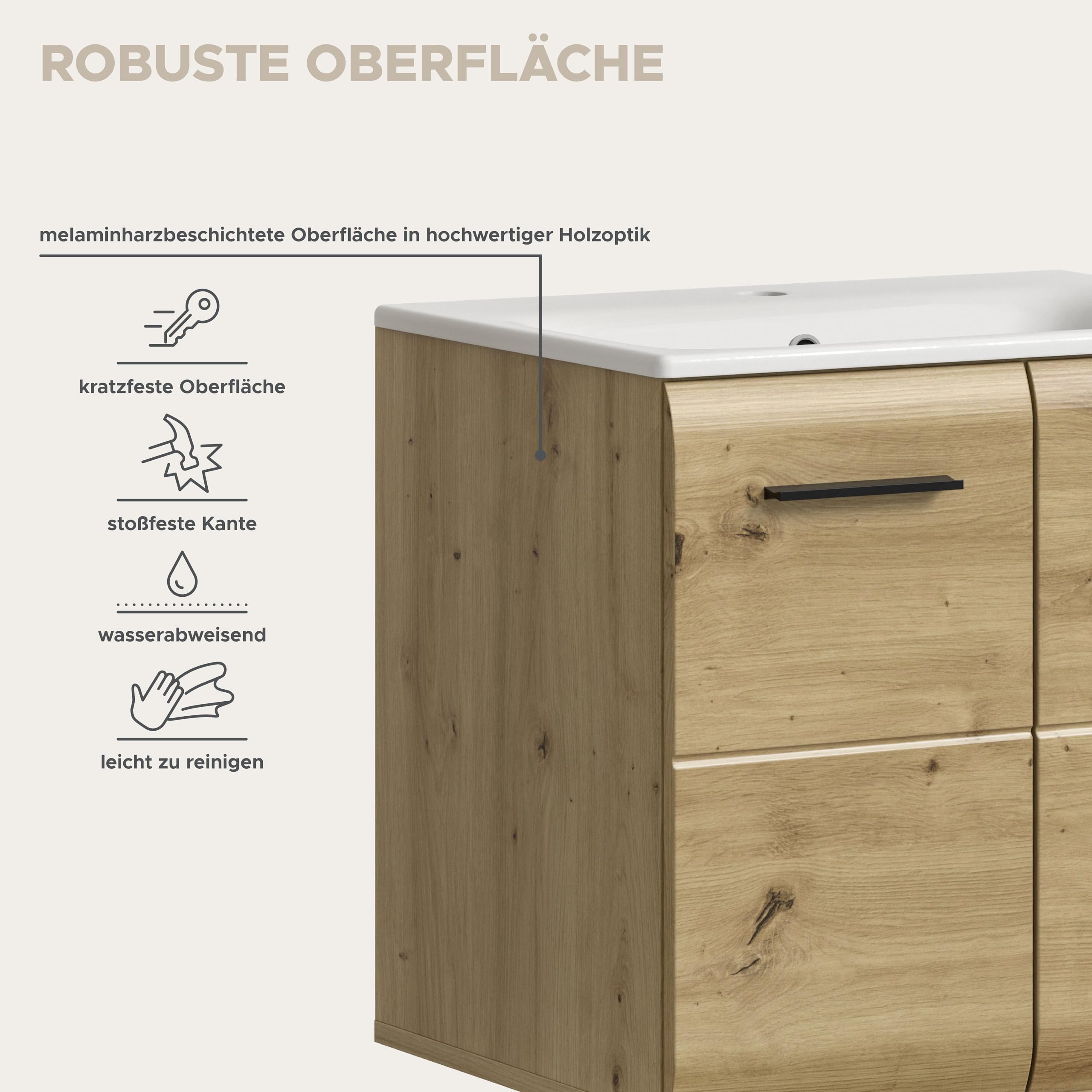 xonox.home – Waschtisch Ice 60x55x46 cm inkl. Waschbecken in Korpus und Front Artisan Oak Nachbildung – Waschplatz für Badezimmer in Holzoptik – modern & kompakt
