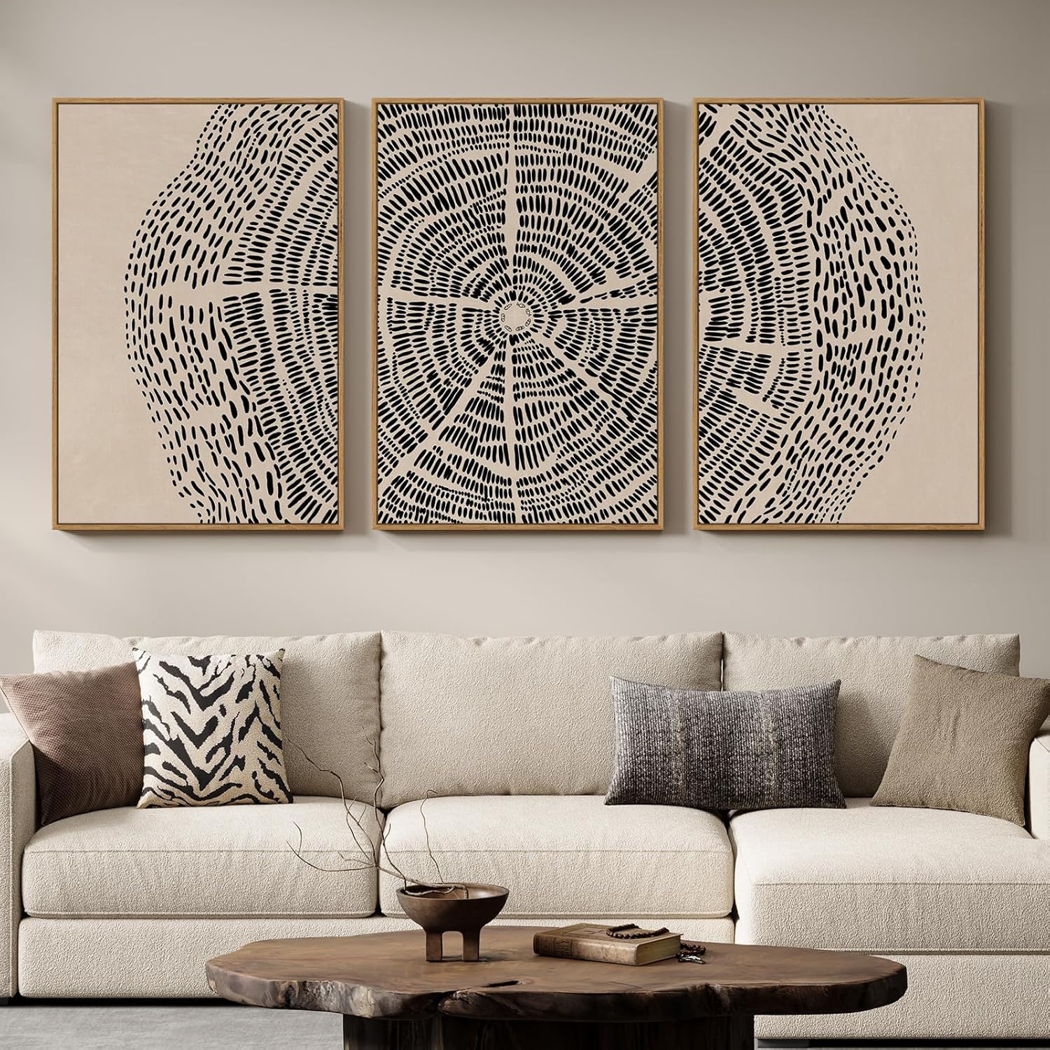 3 Piece Framed Neutral Tree Ring Wall Art for Living Room, Large Beige Black Abstract Canvas Artwork for Walls, Minimalist Prints Paintings for Bedroom Dining Room 24x36 Inch