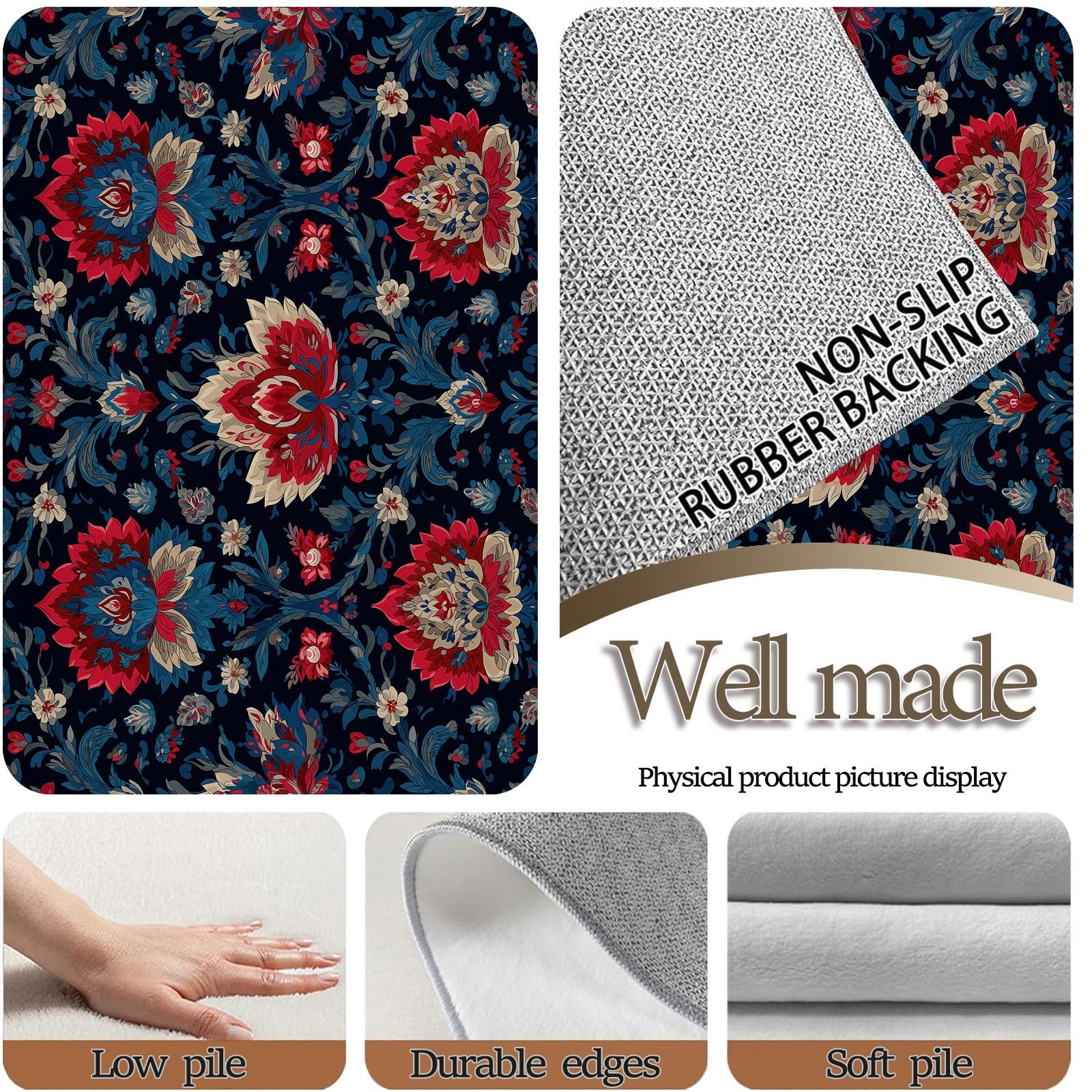 Dywany do salonu, można prać w pralce, dywan 120 x 170 cm, dywany z tradycją boho, antypoślizgowy dywan, czerwone kwiaty, liście, niskie runo, nie gubi włosia, nadruk, do jadalni, domu, biura