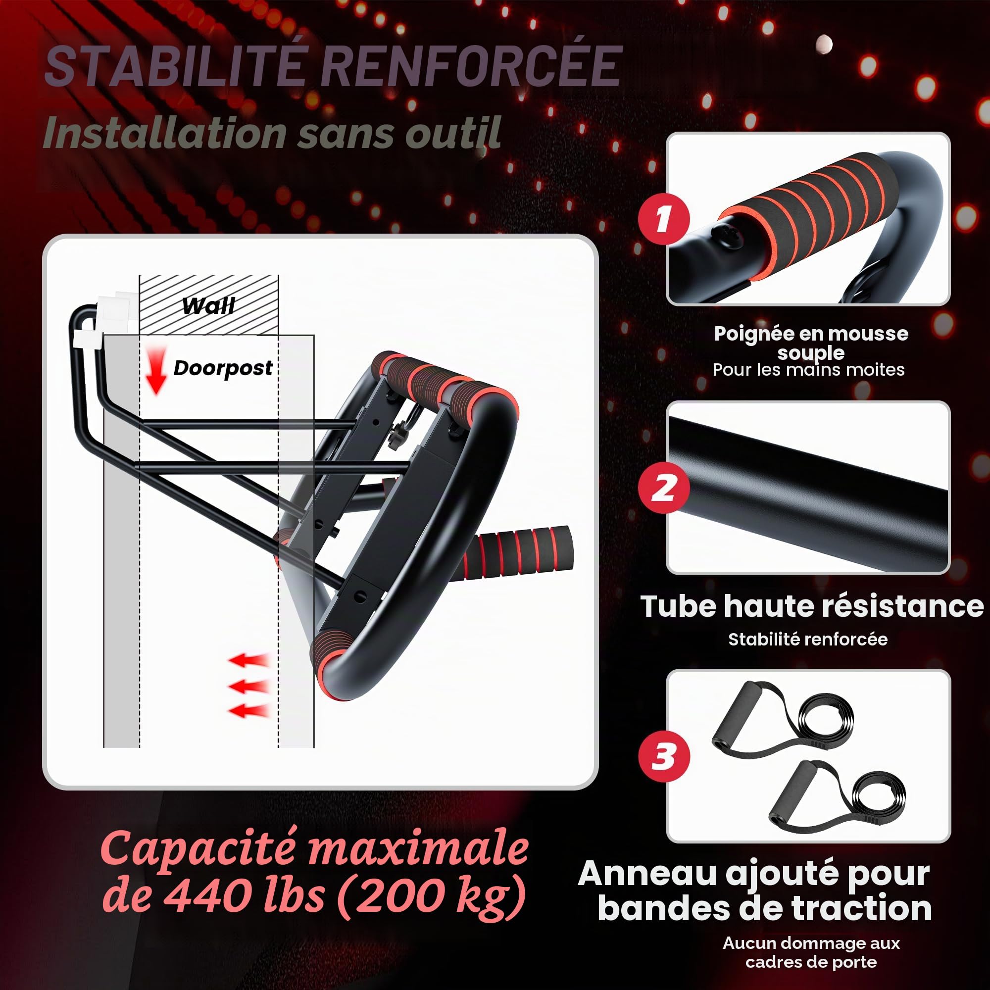 SogesPower Barre de Traction pour Cadre de Porte Salle de Sport à Domicile | Barre d'Entraînement Pliable Multi-Poignées Robuste pour Musculation Corps Supérieur