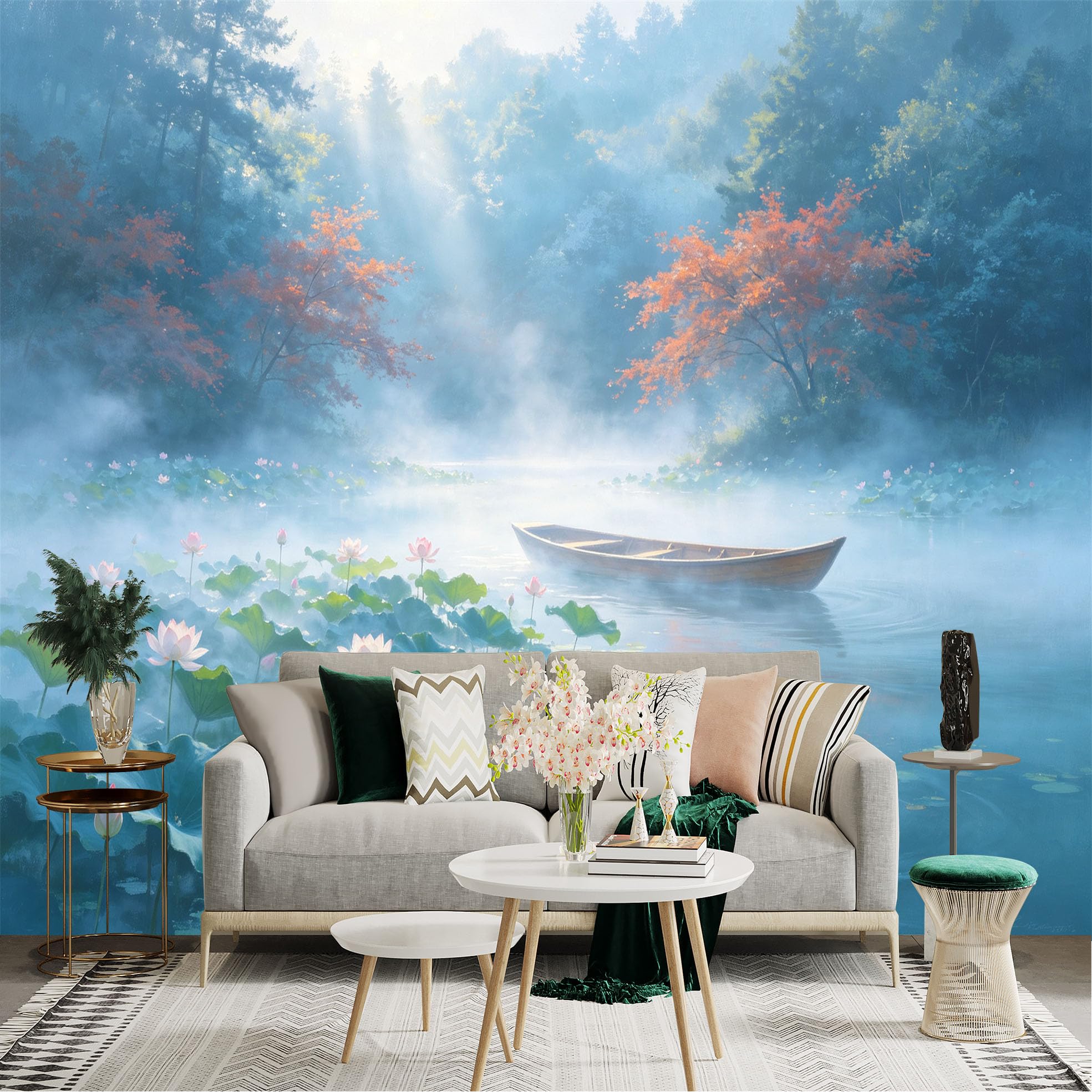 Custom Size Wall Sticker Mural， Misty Pond with Blooming Lotus， Peaceful Boat on Water， Swimming Ducks， Morning Sunlight Forest， for wall Decoration， peelandstick wall Decals.