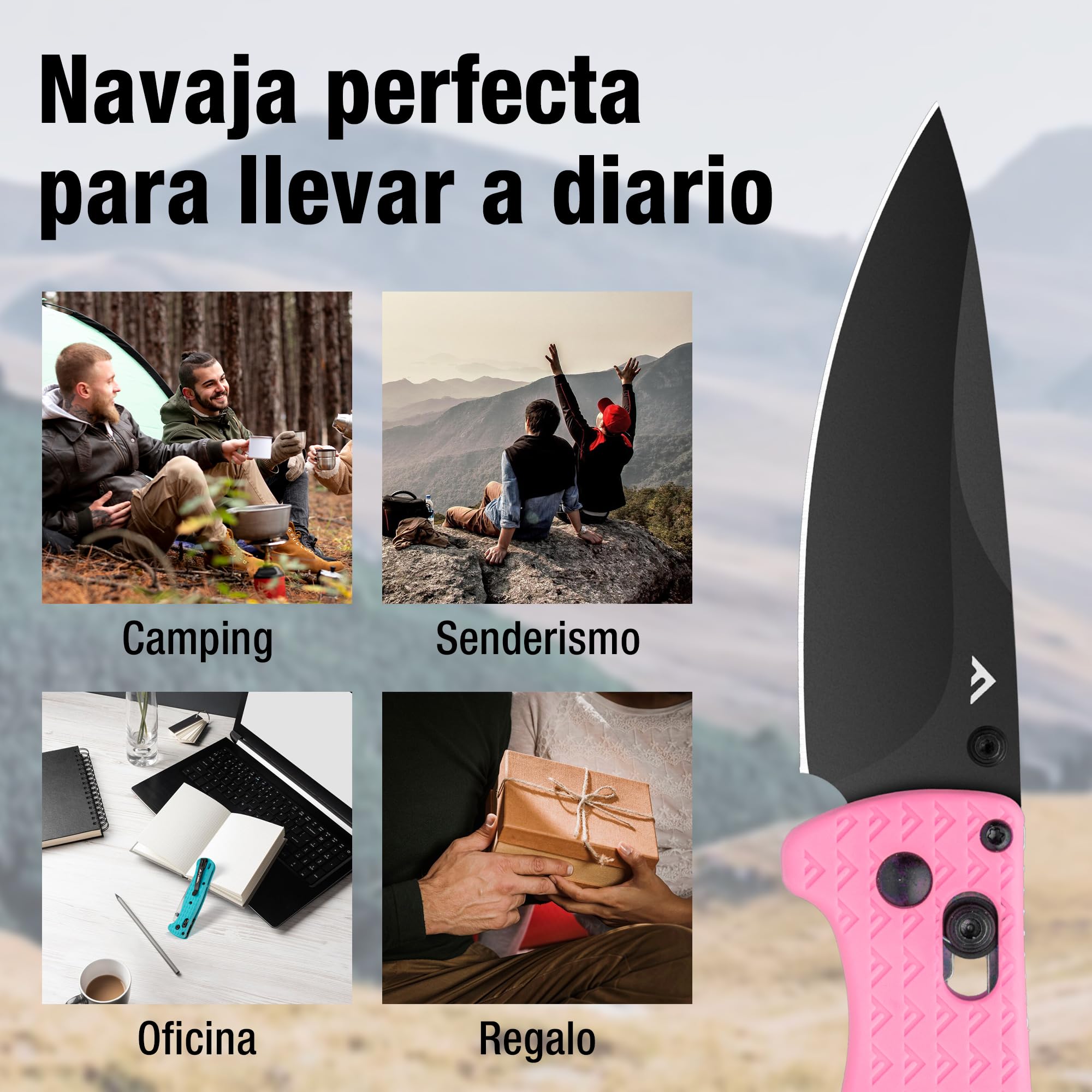 FLISSA Navaja Plegable EDC de 190mm, Navaja de Bolsillo de Acero 14C28N con Recubrimiento de Titanio Negro, Cuchillo Plegable Ligero y Compacto para Camping, Senderismo, Aventura y Viaje, Rosa